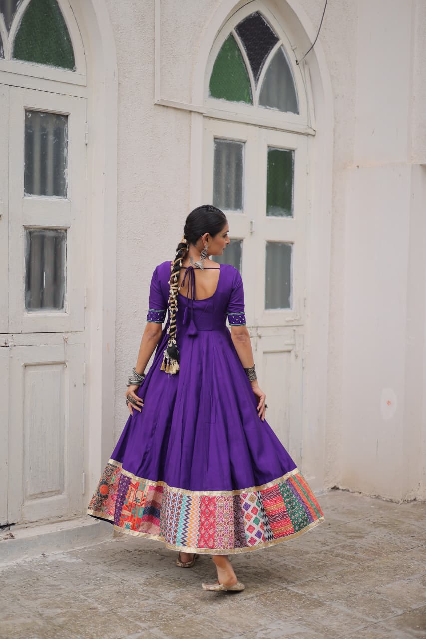 Purple Mirror Work & Maslin Crochet Print Work Gown