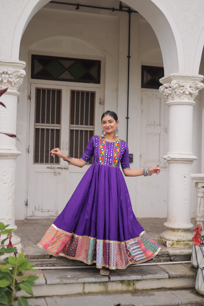 Purple Mirror Work & Maslin Crochet Print Work Gown