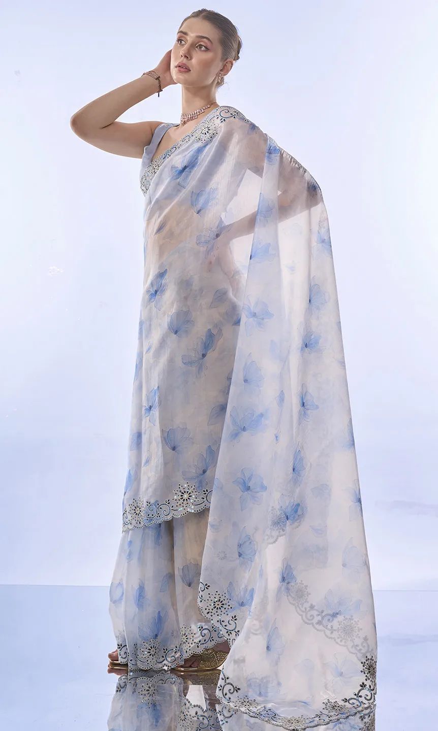 White & Blue Soft Space Silk with Printed Sequins Embroidery Work Saree