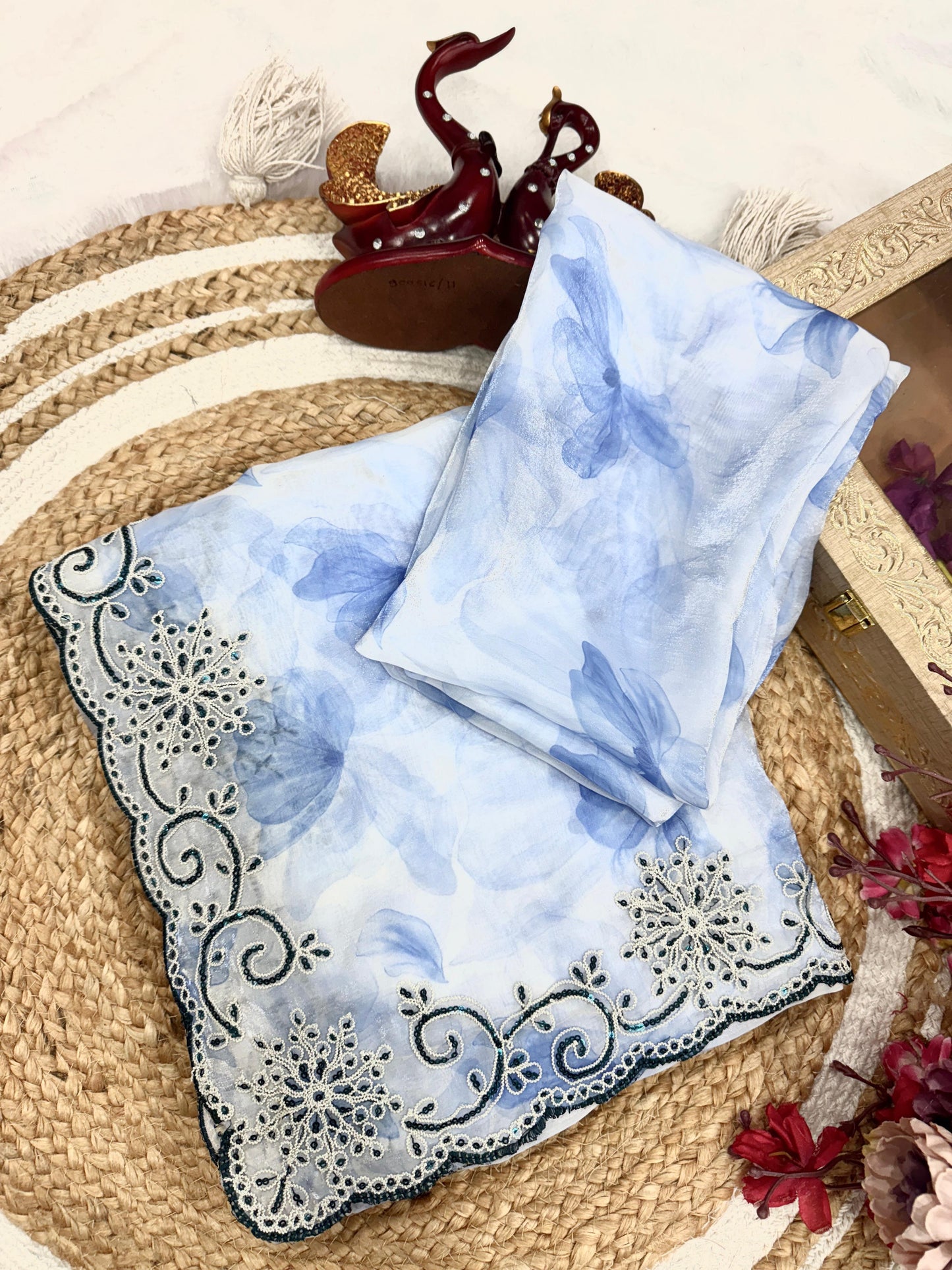 White & Blue Soft Space Silk with Printed Sequins Embroidery Work Saree