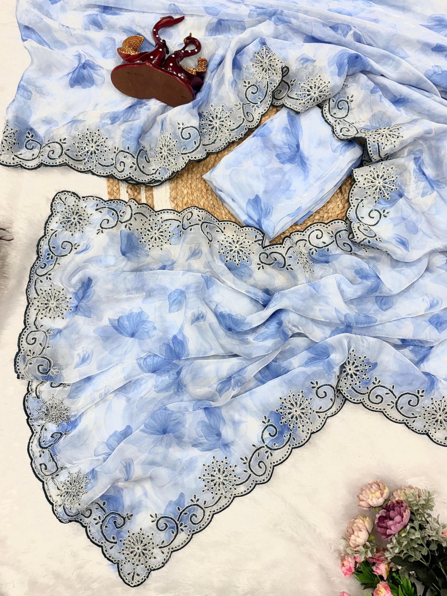 White & Blue Soft Space Silk with Printed Sequins Embroidery Work Saree