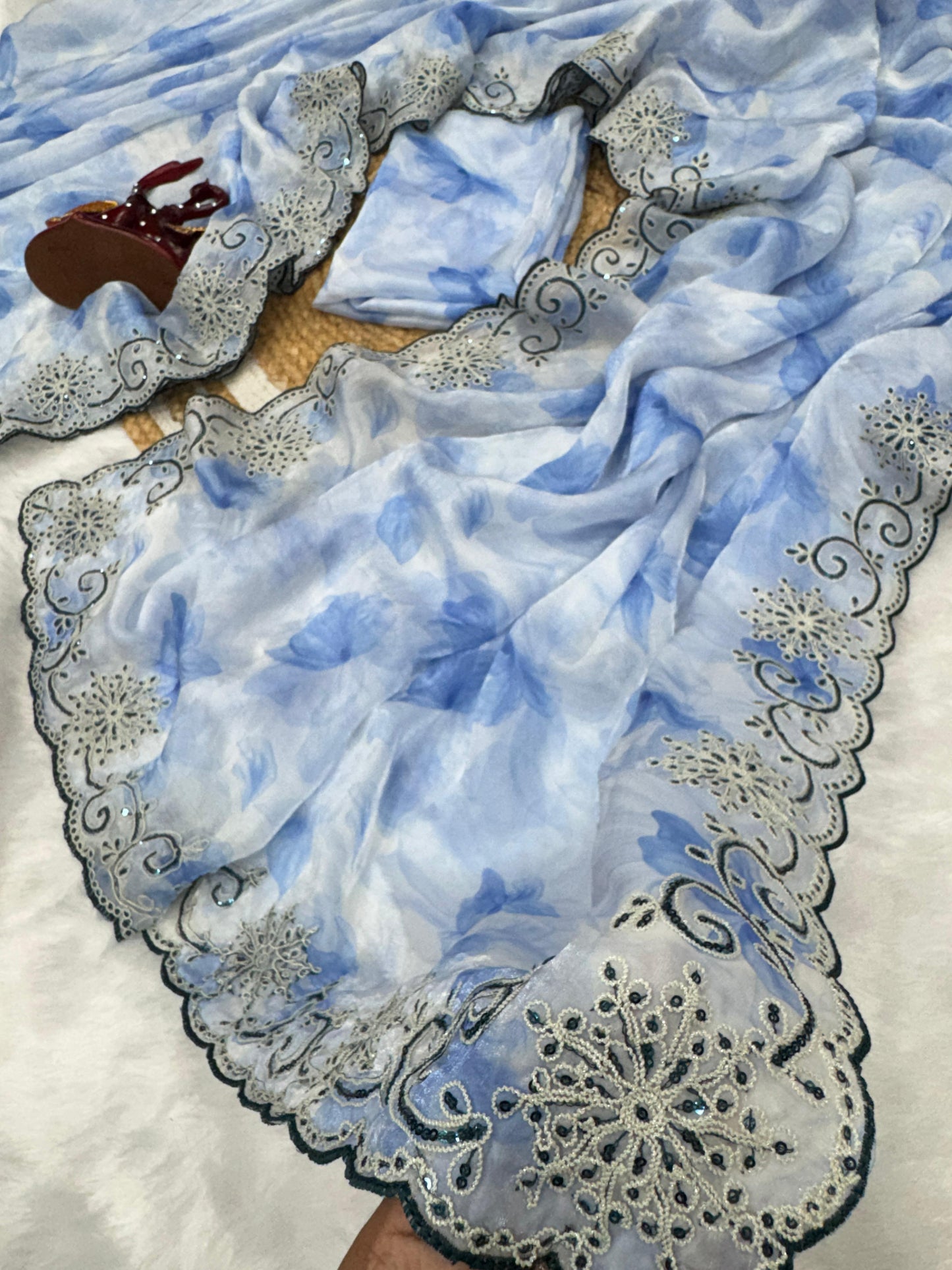 White & Blue Soft Space Silk with Printed Sequins Embroidery Work Saree