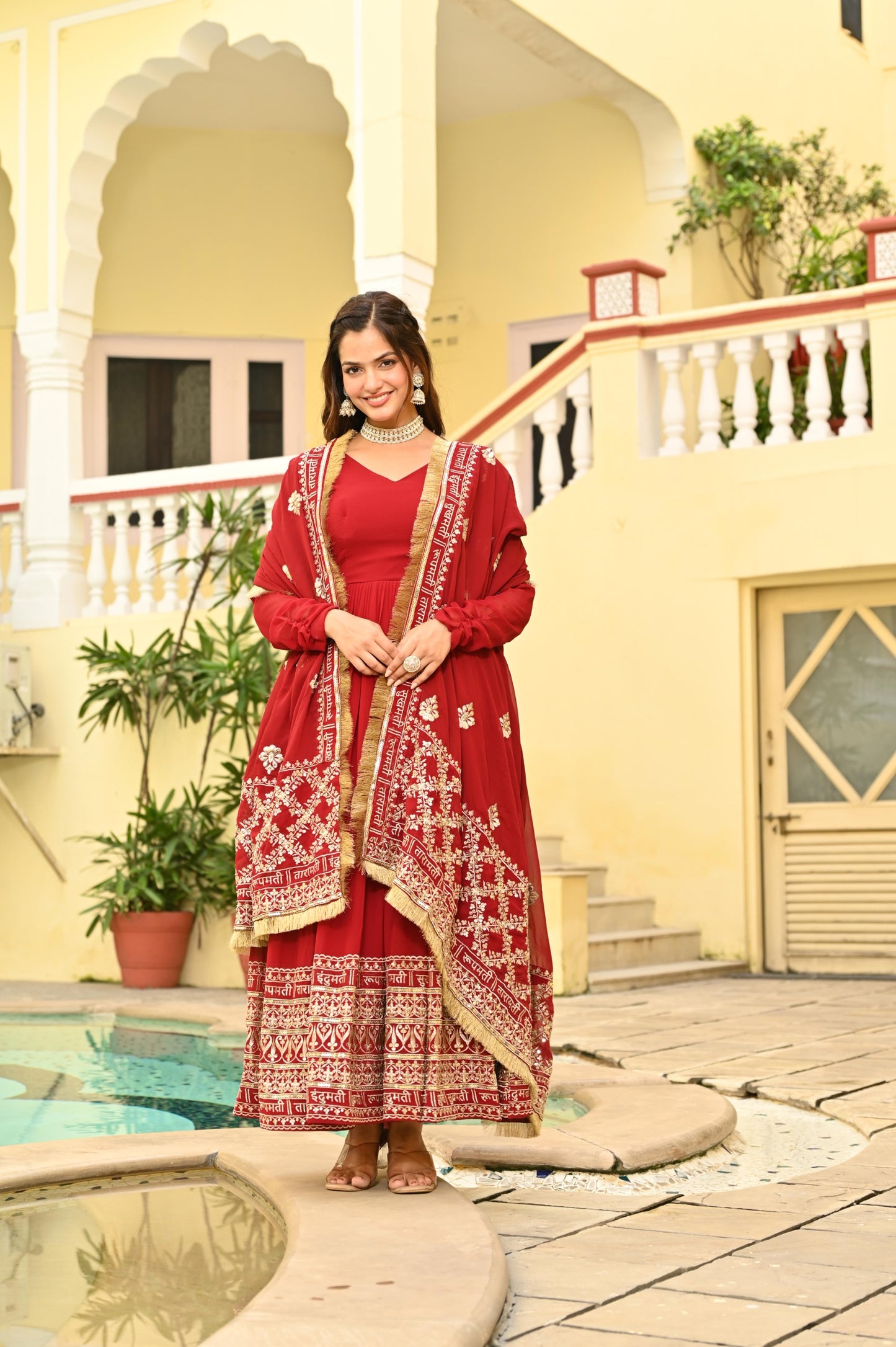 Red Faux Blooming Zari & Sequins Work Gown With Dupatta