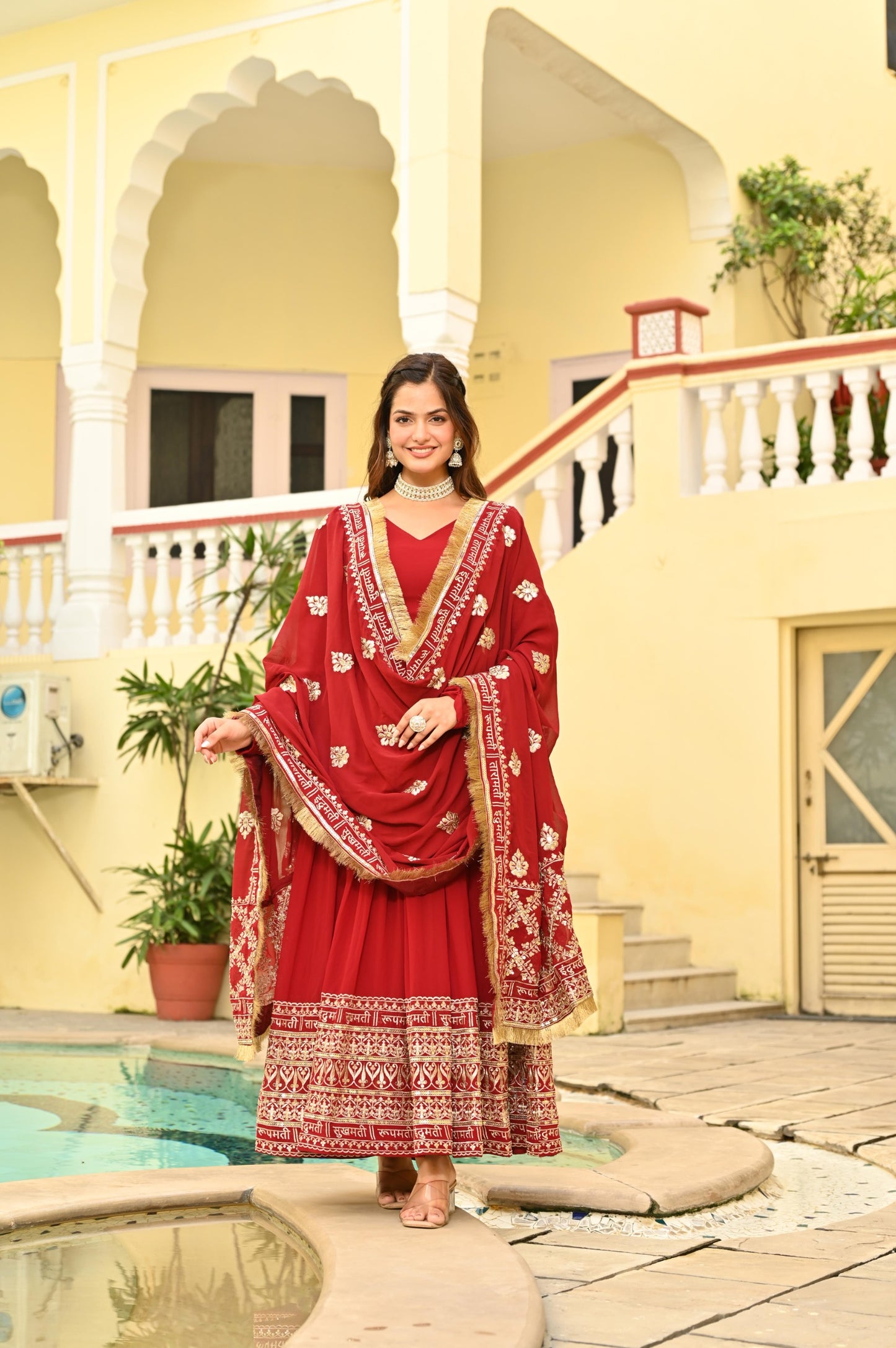 Red Faux Blooming Zari & Sequins Work Gown With Dupatta