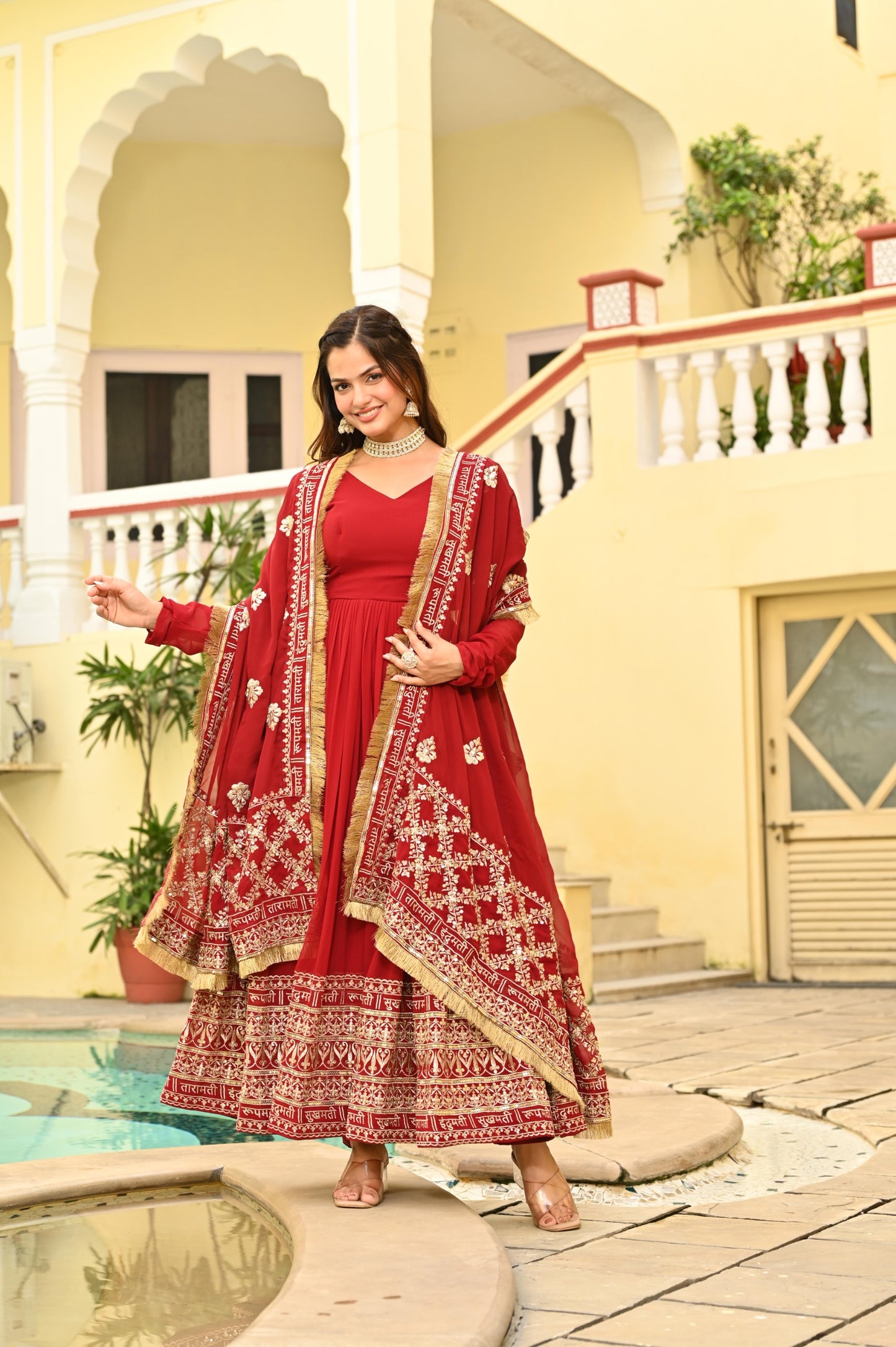 Red Faux Blooming Zari & Sequins Work Gown With Dupatta