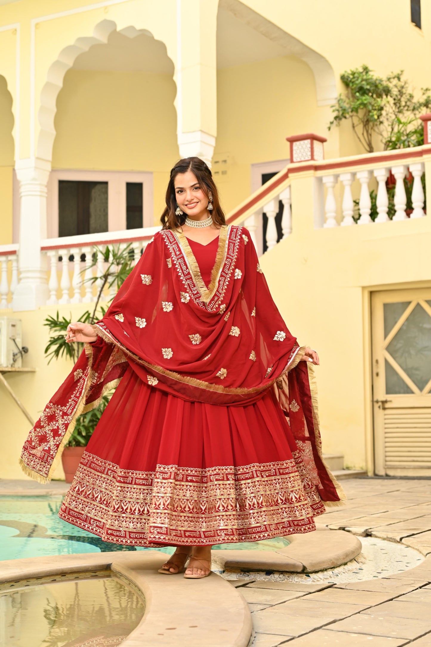 Red Faux Blooming Zari & Sequins Work Gown With Dupatta
