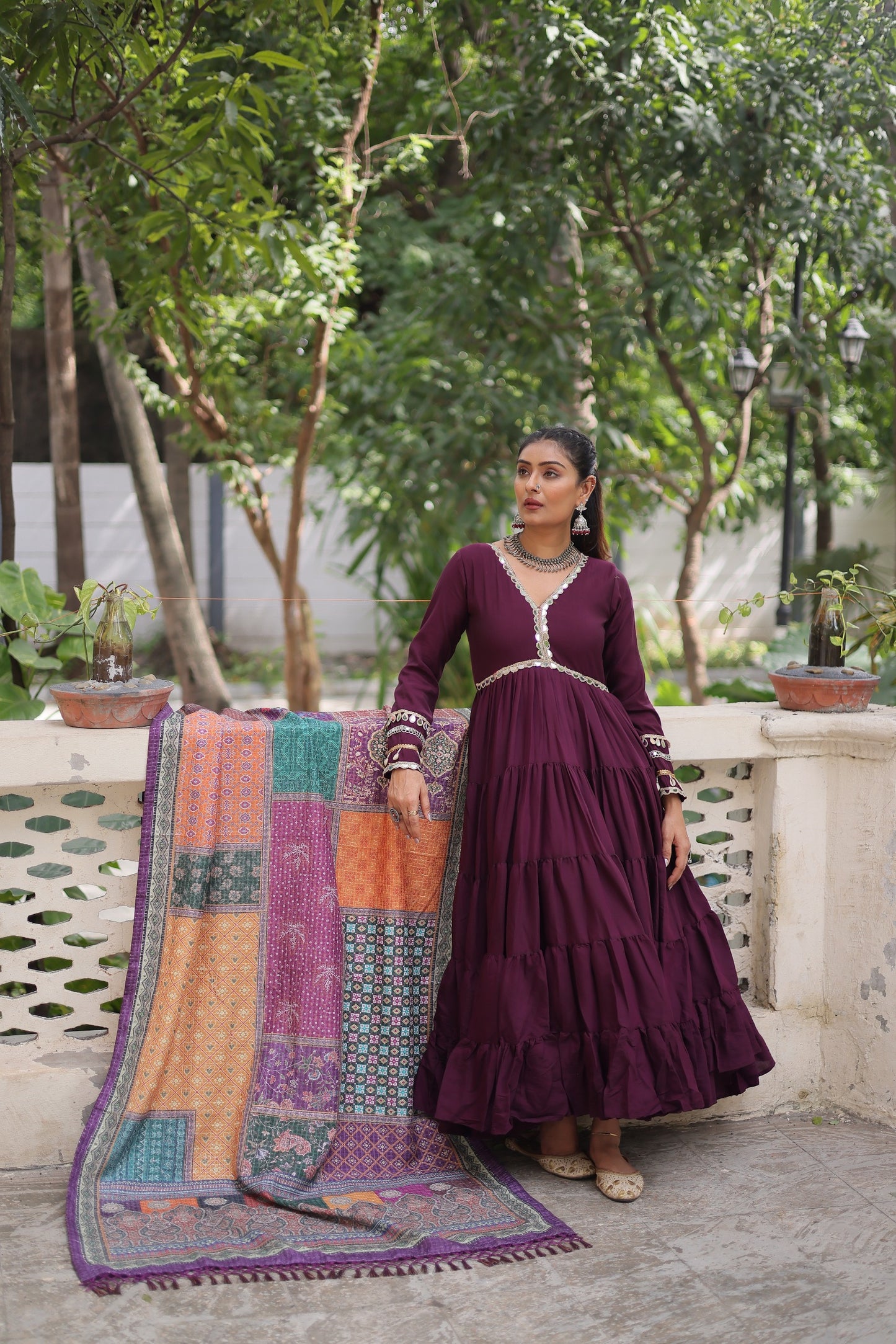 Wine Roman Fabric with Frill Stitching & Mirror Lace Work Gown With Dupatta