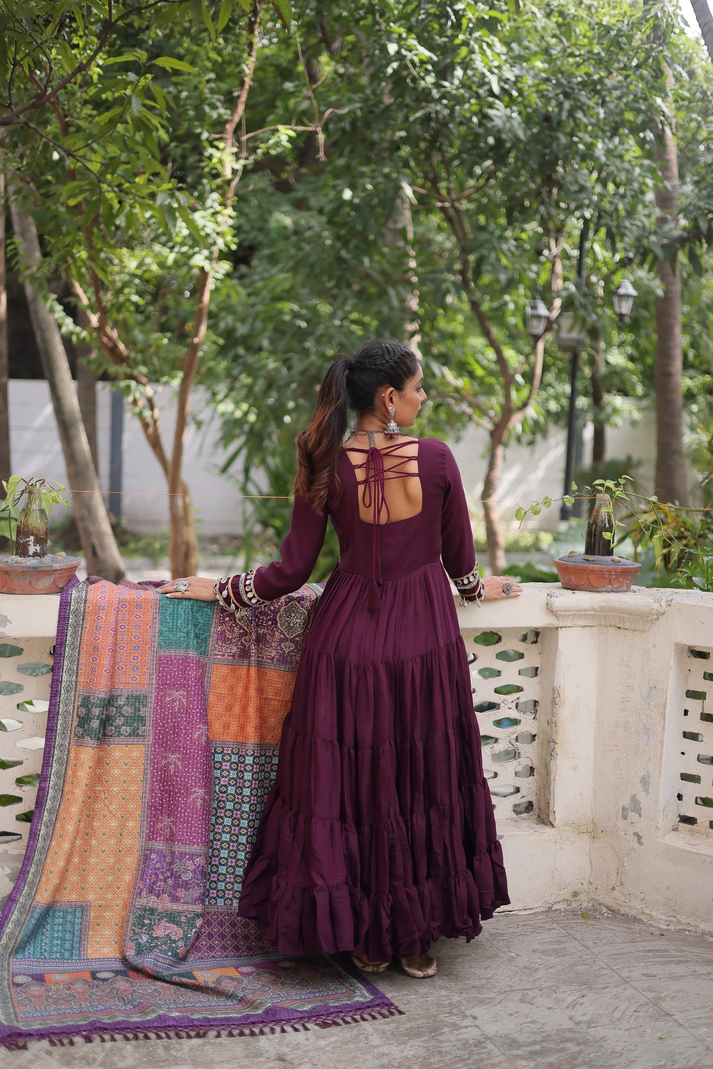 Wine Roman Fabric with Frill Stitching & Mirror Lace Work Gown With Dupatta