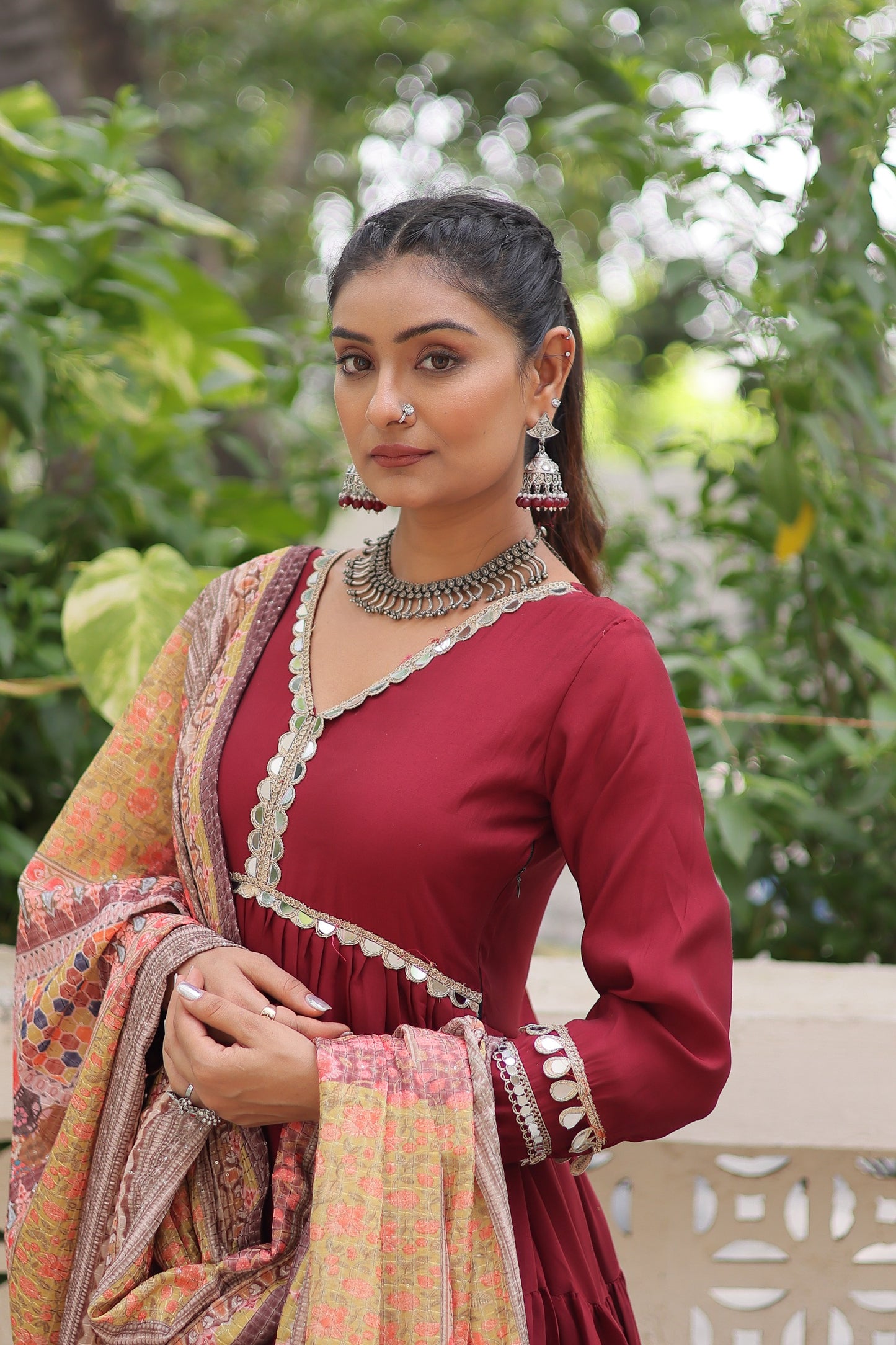 Wine Roman Fabric with Frill Stitching & Mirror Lace Work Gown With Dupatta