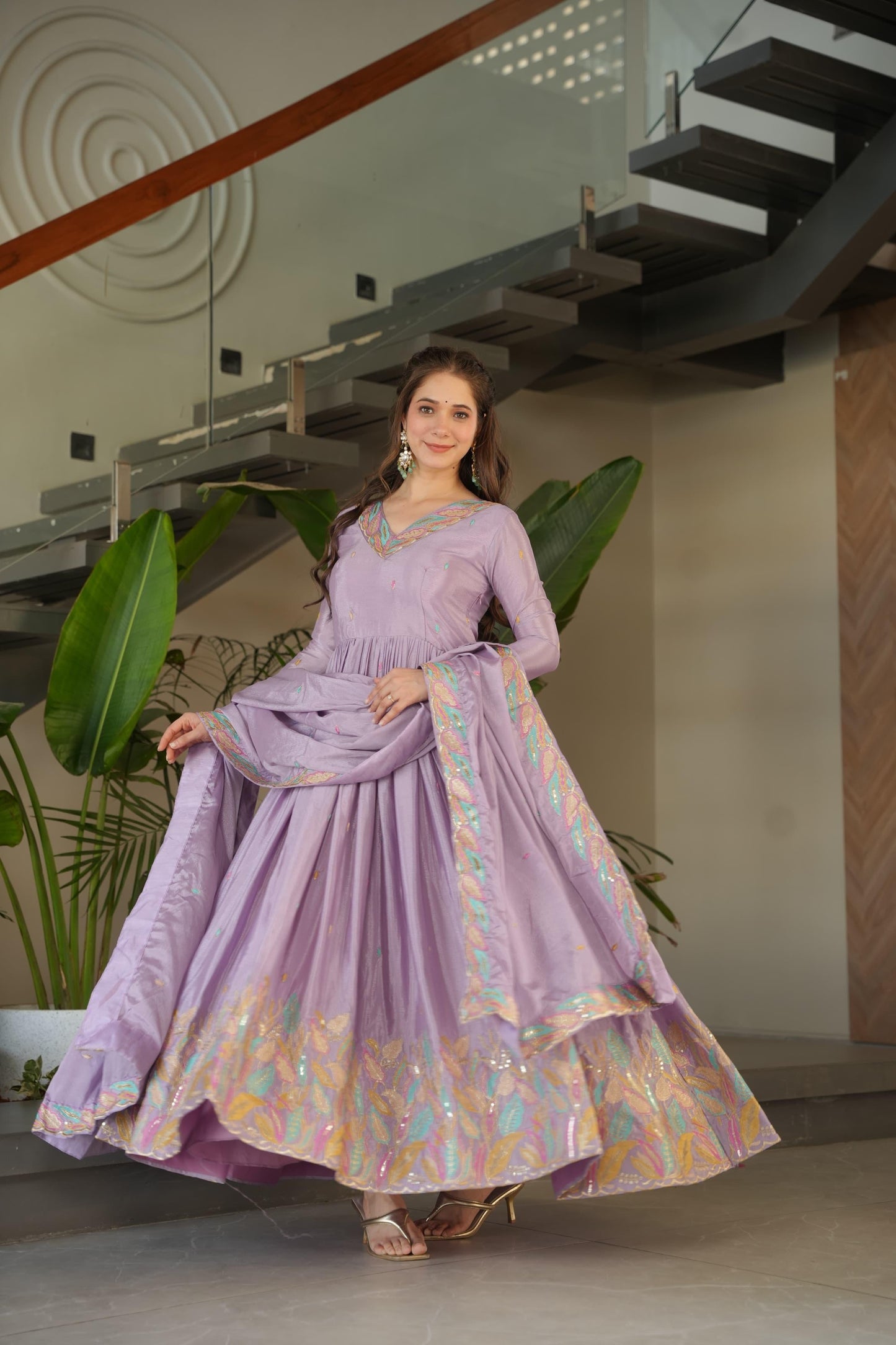 Lavender Chinnon with Rich Sequins Gown With Dupatta
