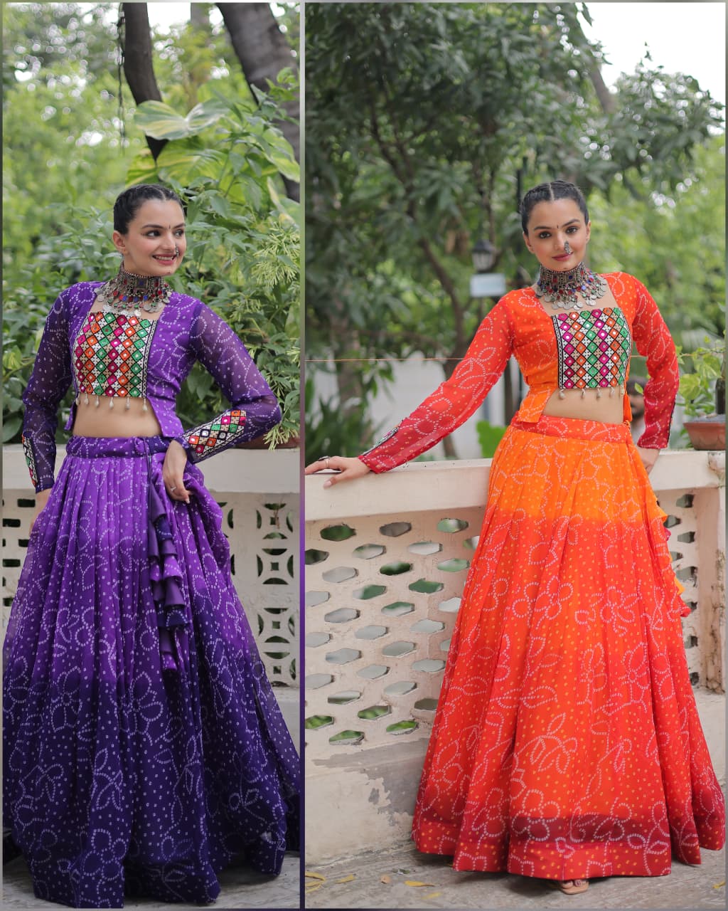 Orange Bandhani Print with Kutchi Gamthi Patchwork Lehenga Choli