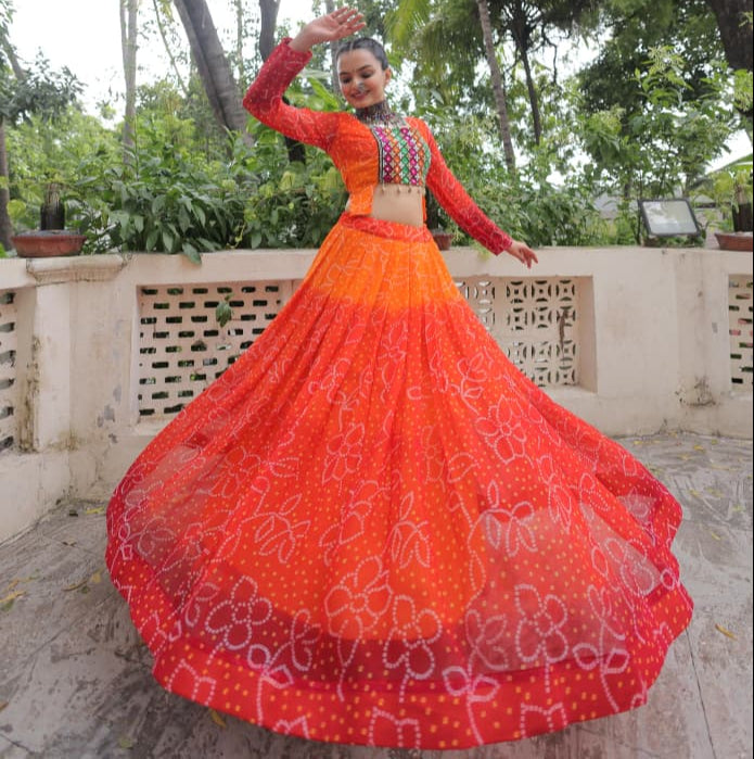 Orange Bandhani Print with Kutchi Gamthi Patchwork Lehenga Choli