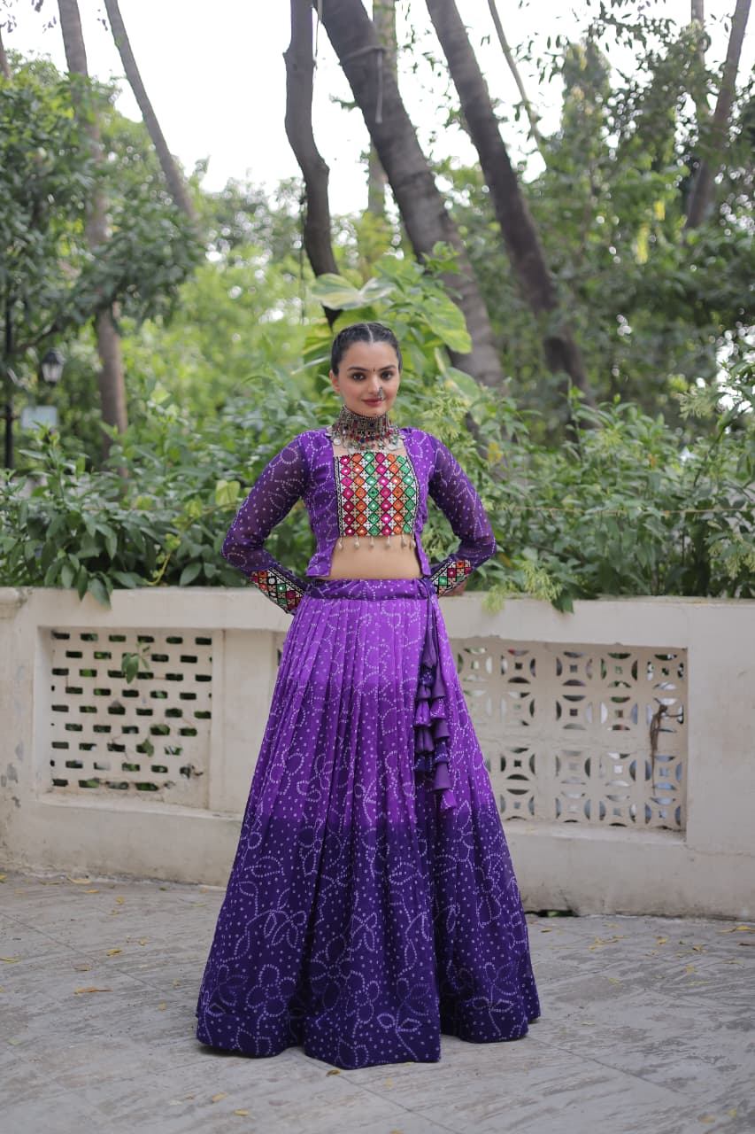 Orange Bandhani Print with Kutchi Gamthi Patchwork Lehenga Choli