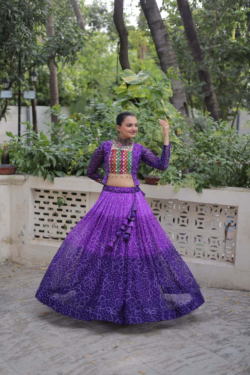 Orange Bandhani Print with Kutchi Gamthi Patchwork Lehenga Choli
