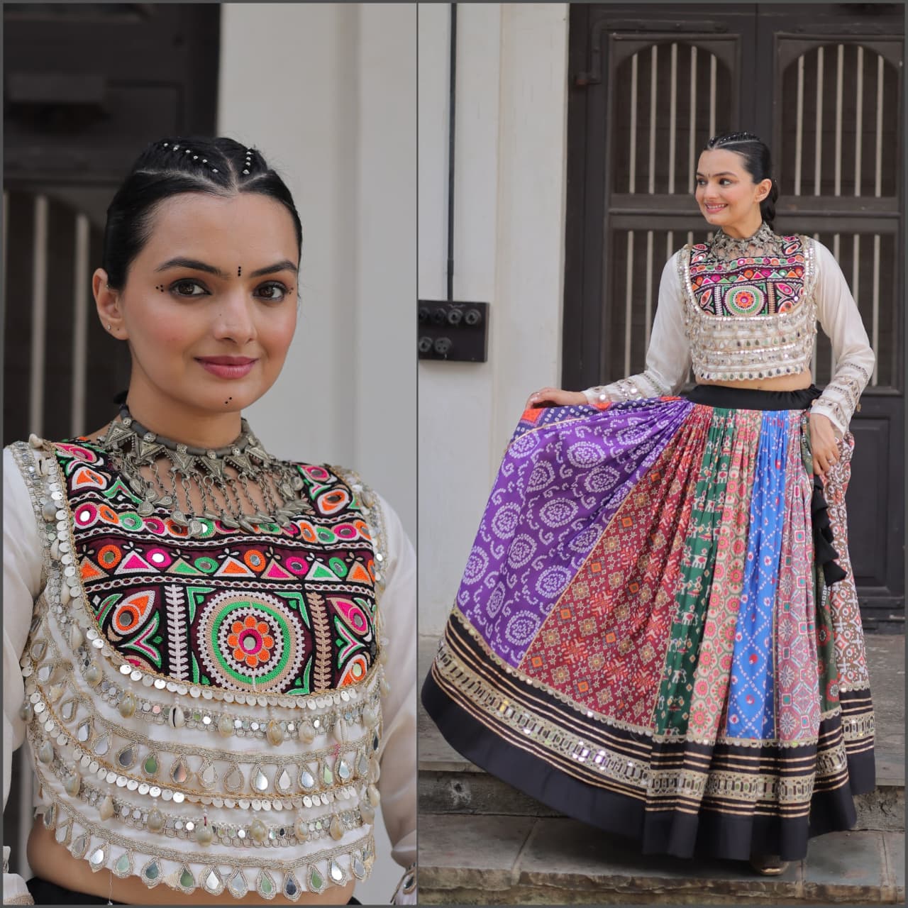 White Multicolor Cotton Printed with AttractiveReal Mirror Lace Work Lehenga Choli