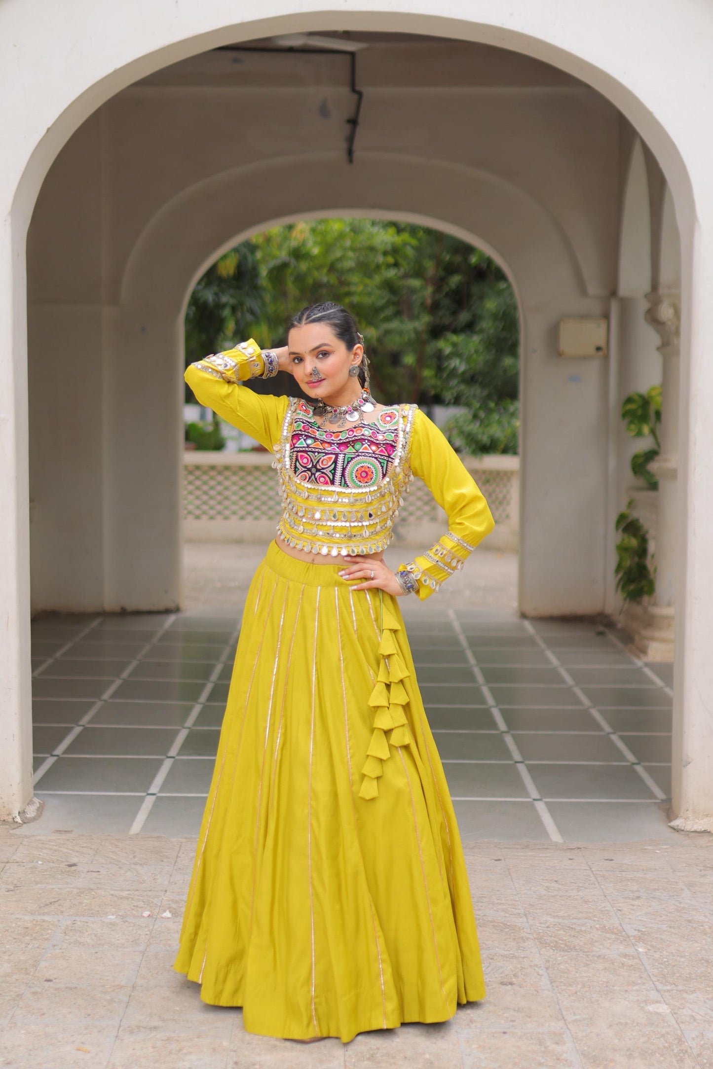 Yellow Roman with Attractive Gota-Patti Lace Lehenga Choli