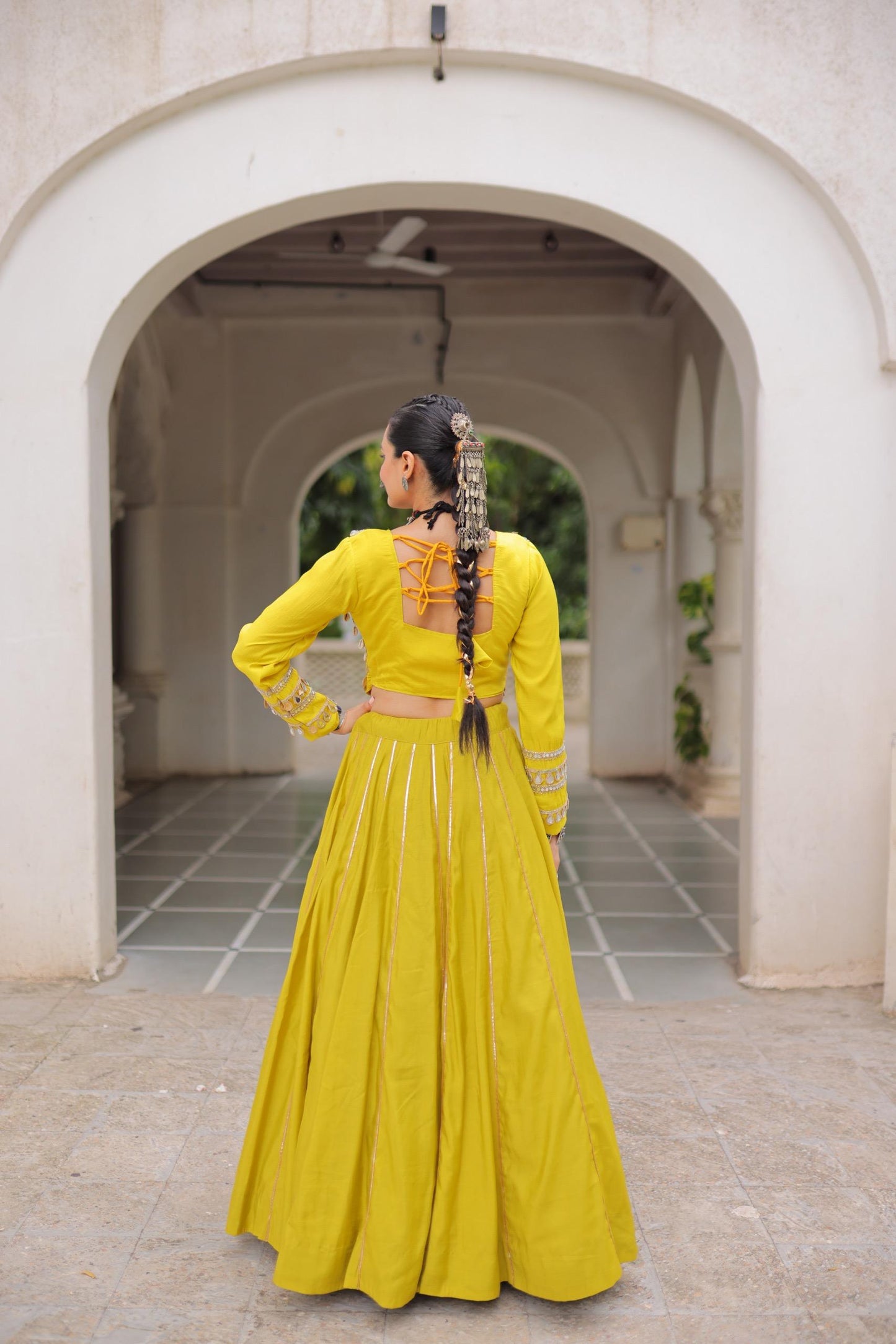 Yellow Roman with Attractive Gota-Patti Lace Lehenga Choli