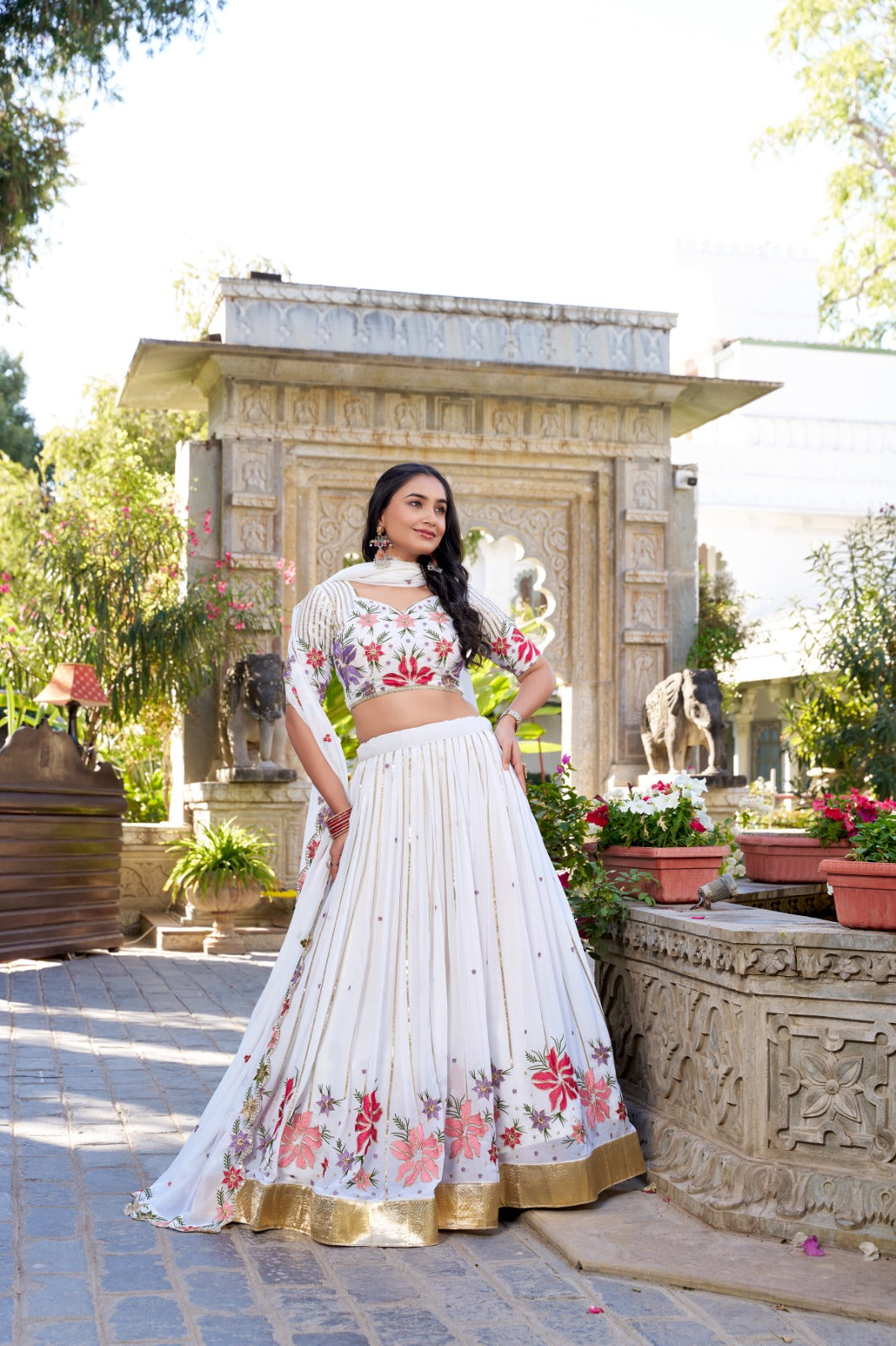White Georgette Thread Embroidery Work with Embossed Design Lace Lehenga Choli