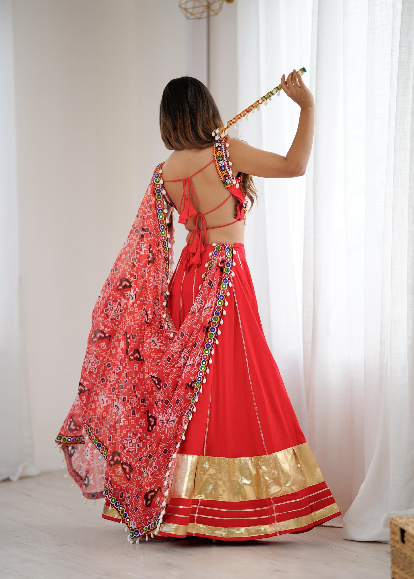 Red Heavy Rayon Lagdi Patta Lehenga Choli With Dupatta