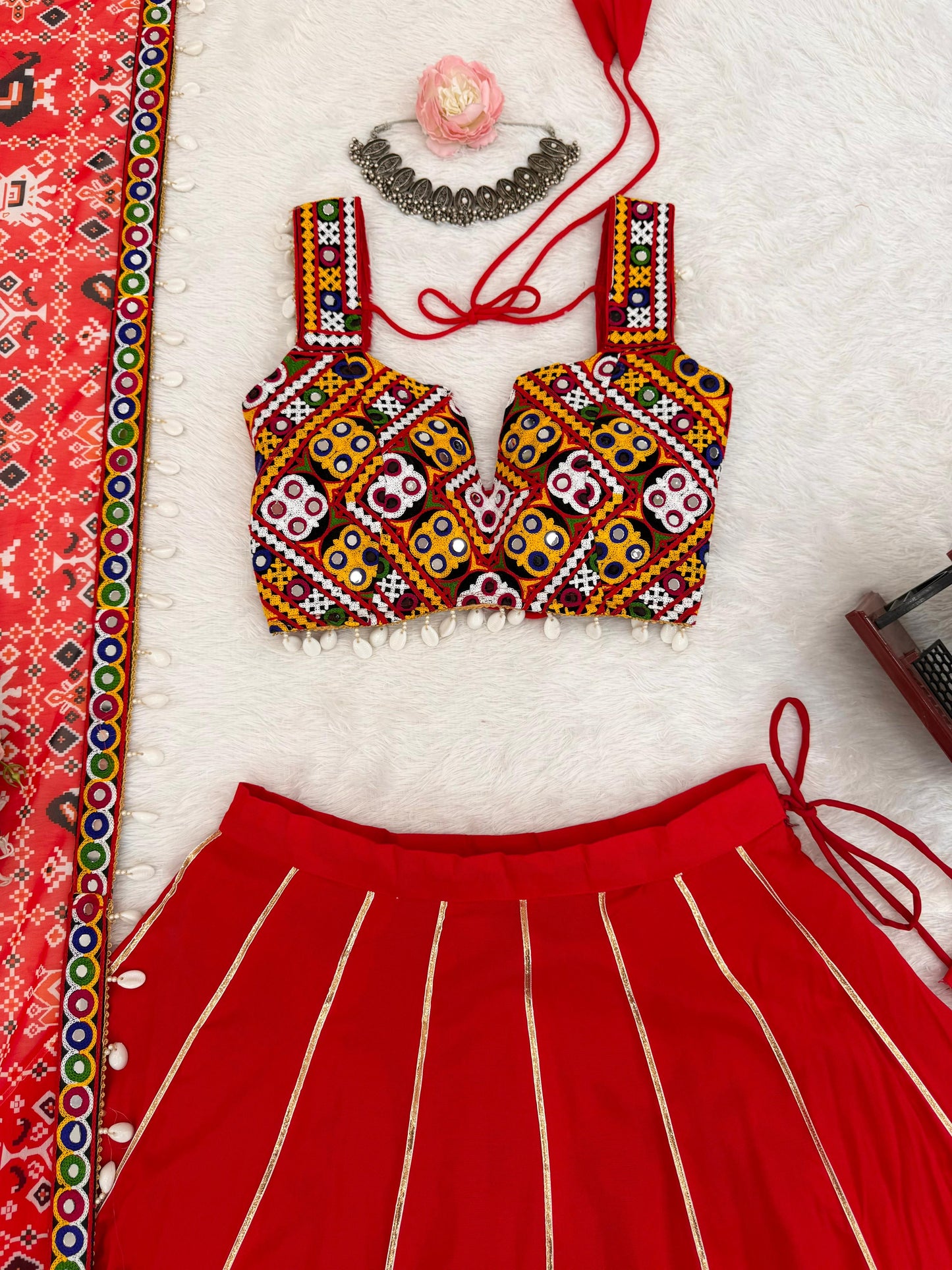 Red Heavy Rayon Lagdi Patta Lehenga Choli With Dupatta