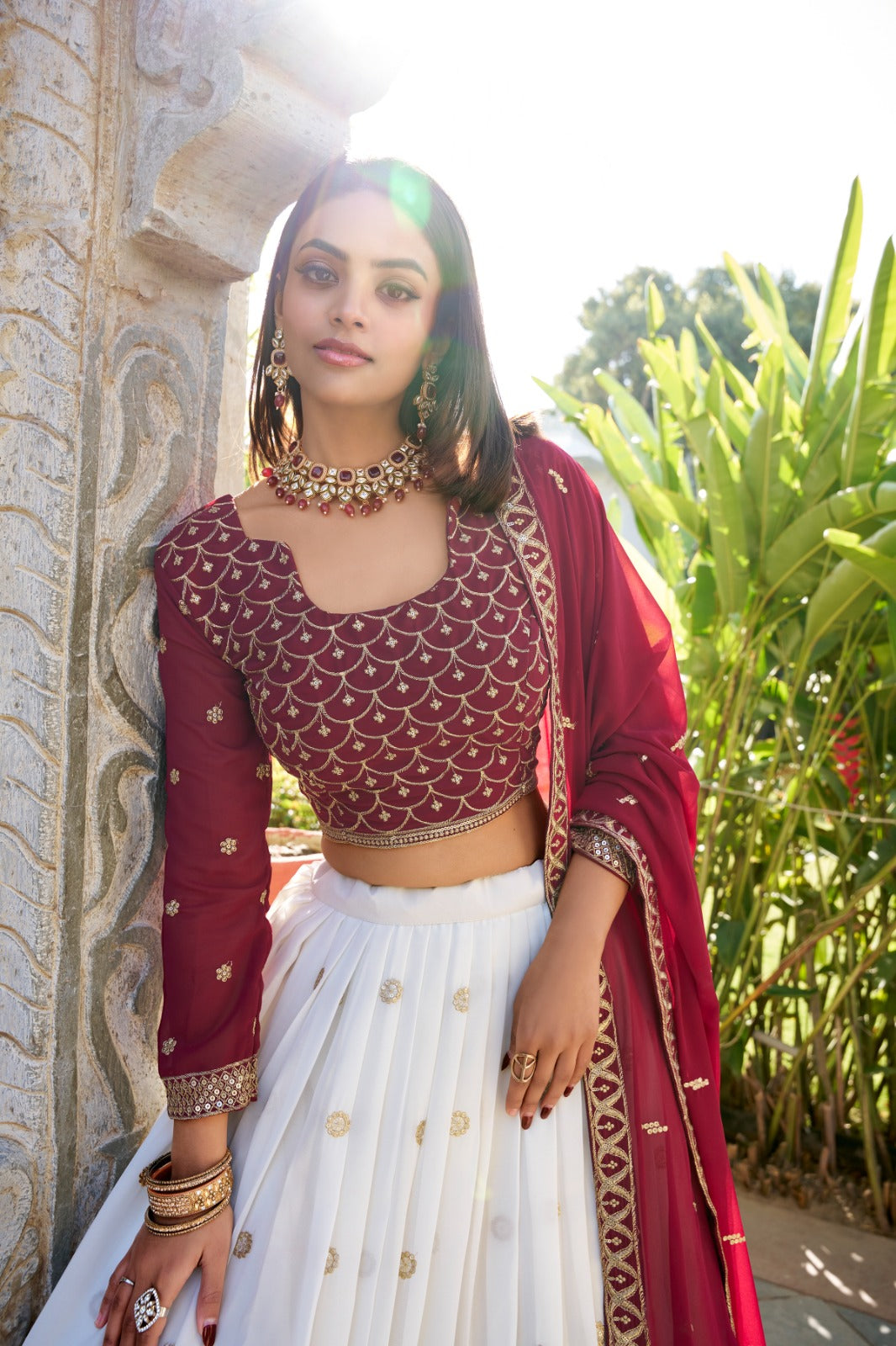 White Georgette Thread Embroidery with Lace Touch-Up Lehenga Choli