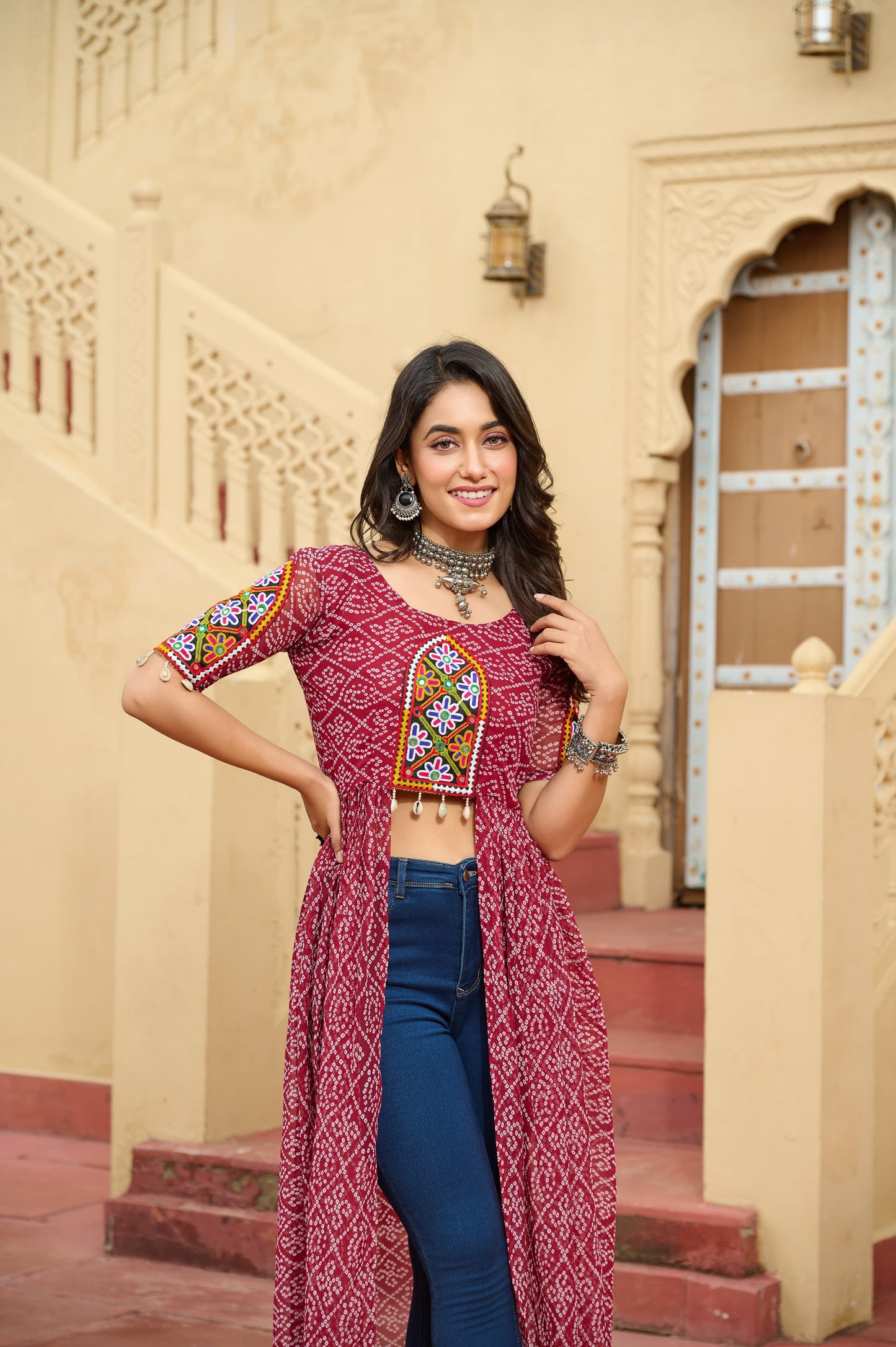 Maroon Faux Georgette Bandhani Printed Navratri Kurti