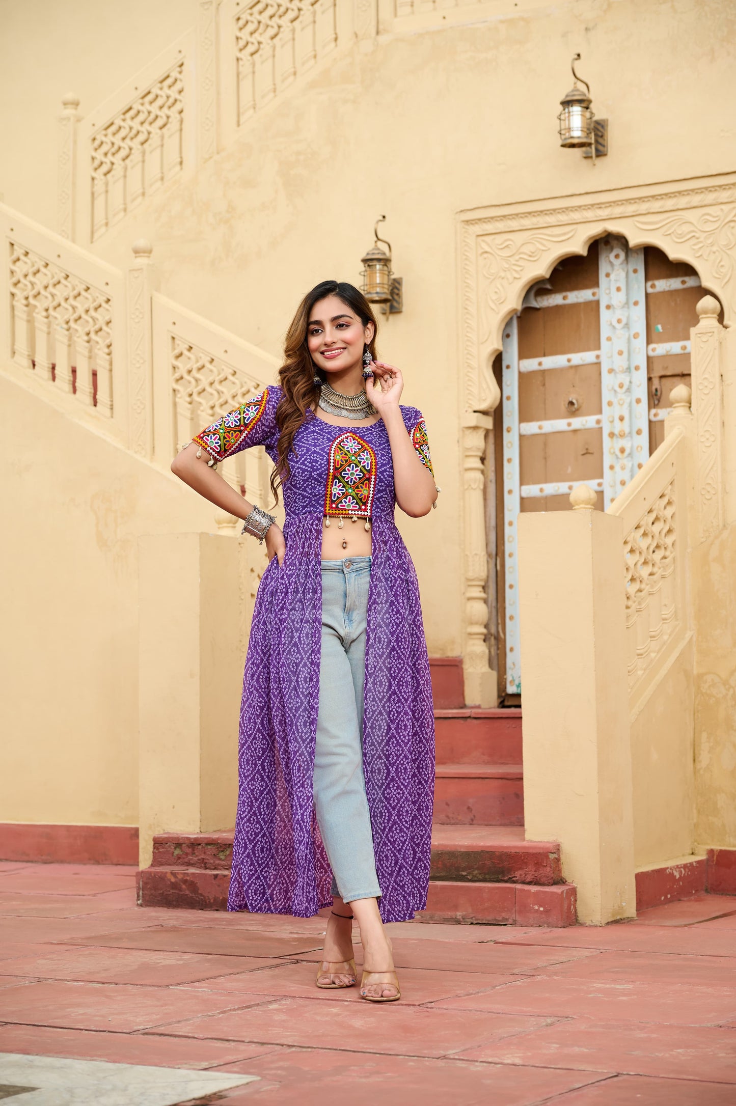 Maroon Faux Georgette Bandhani Printed Navratri Kurti