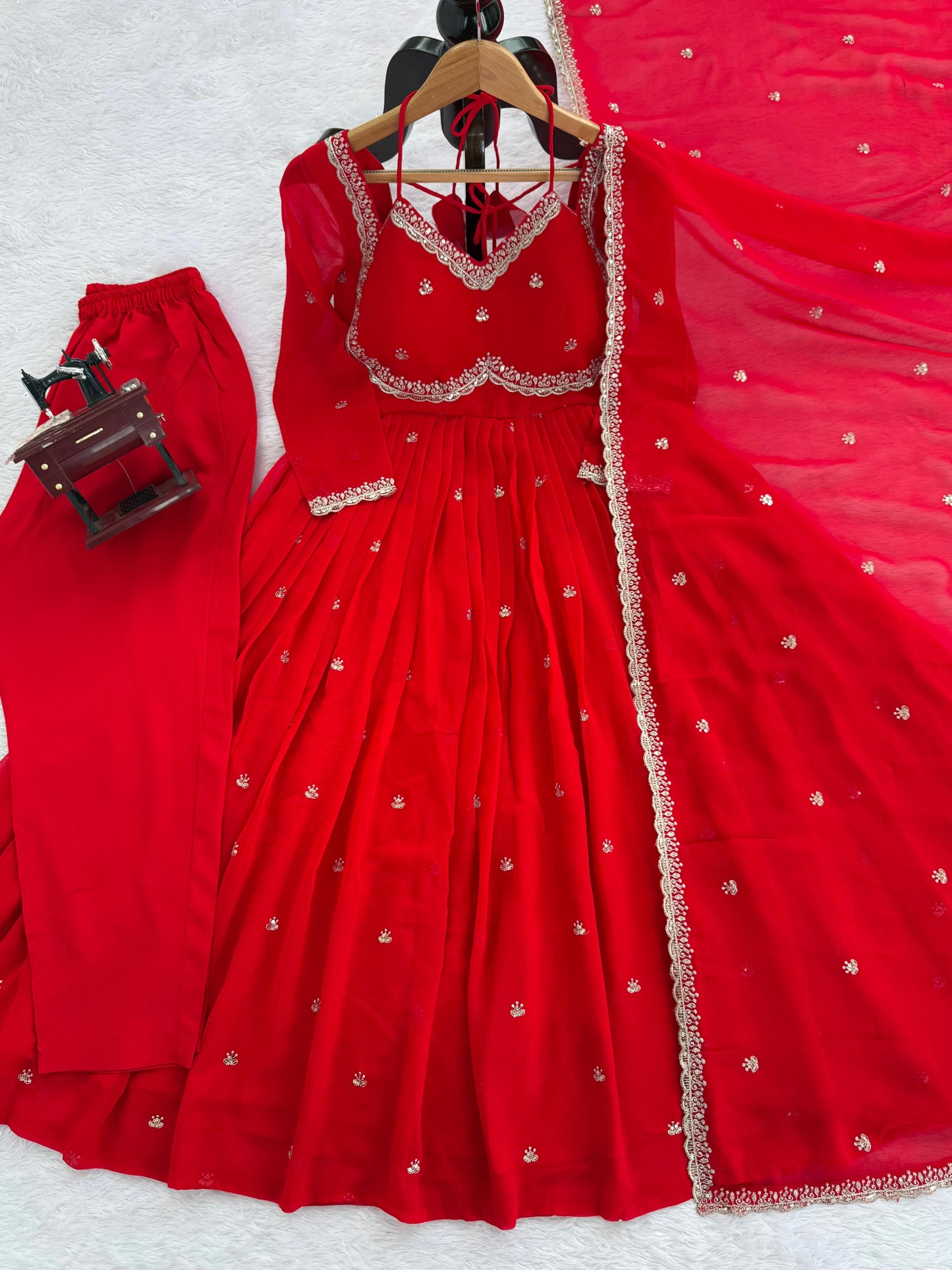 Red Faux Georgette Thread with Sequins 3pc Kurta Set