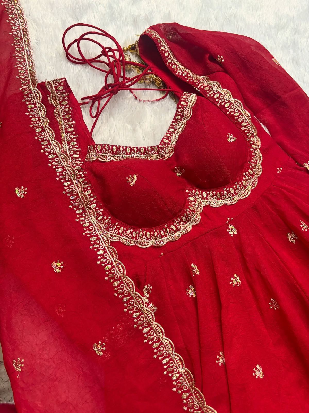 Red Faux Georgette Thread with Sequins 3pc Kurta Set