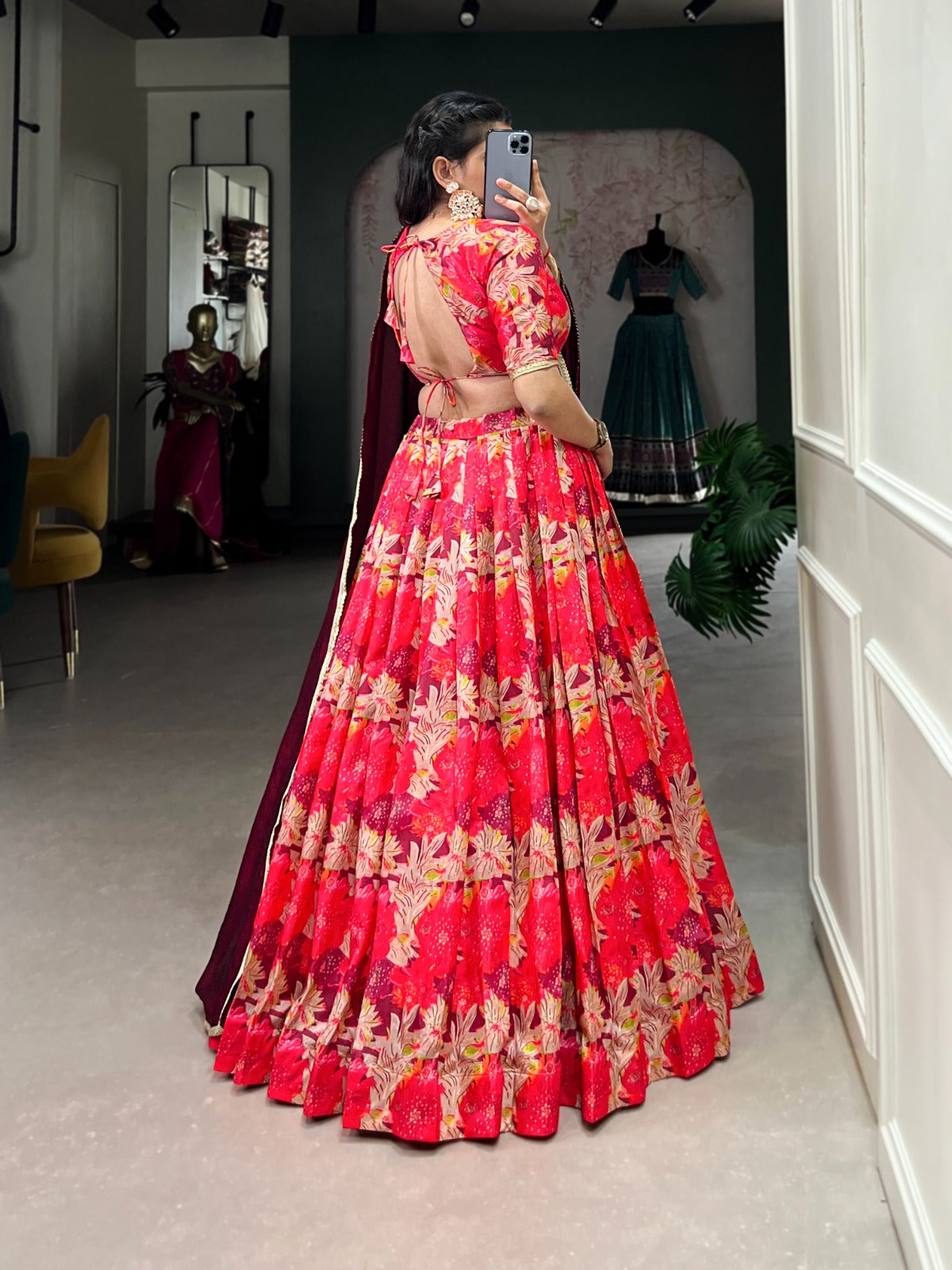 Red Tussar Silk Printed Lace Touch Up Lehenga