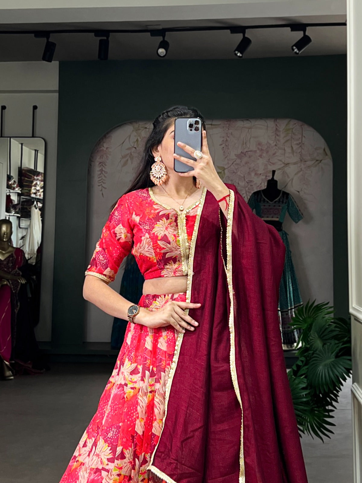 Red Tussar Silk Printed Lace Touch Up Lehenga