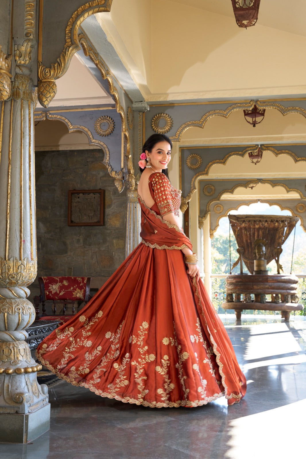 Orange Rangoli Silk Sequins &Thread Embroidery Work Lehenga Choli