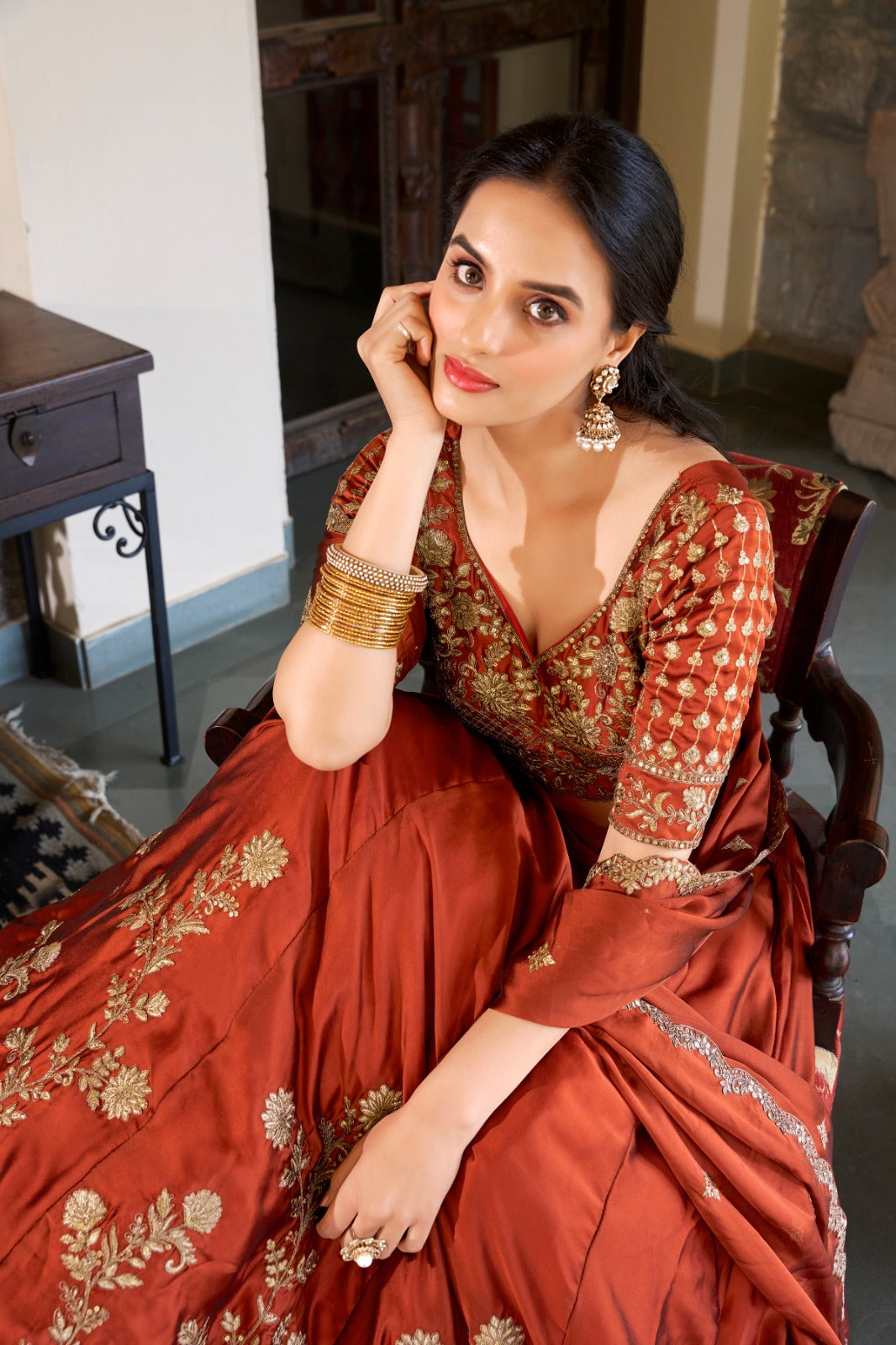 Orange Rangoli Silk Sequins &Thread Embroidery Work Lehenga Choli