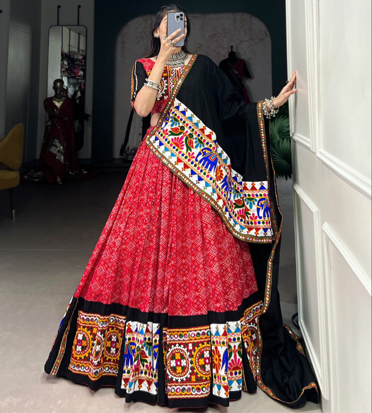 Red Pure Cotton Printed with Gamthi Work & Mirror Work Lehenga
