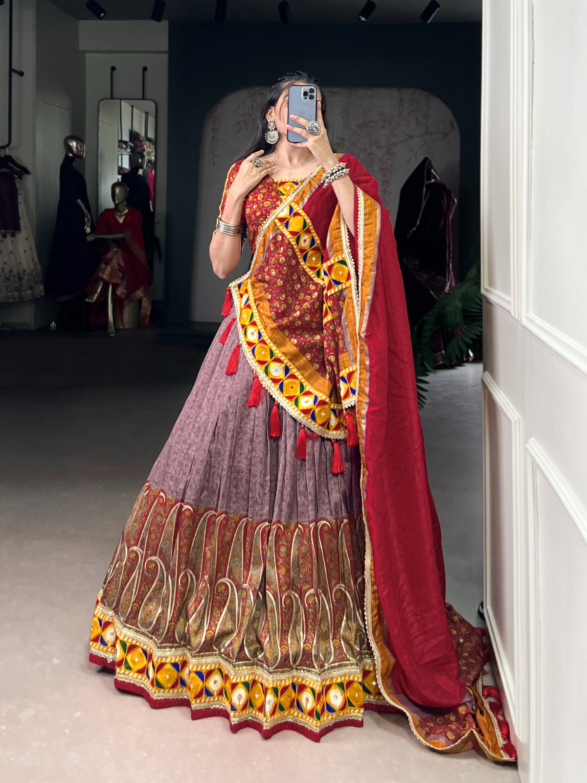 Onion Tasar Silk With Kashmiri Foil Print Lehenga