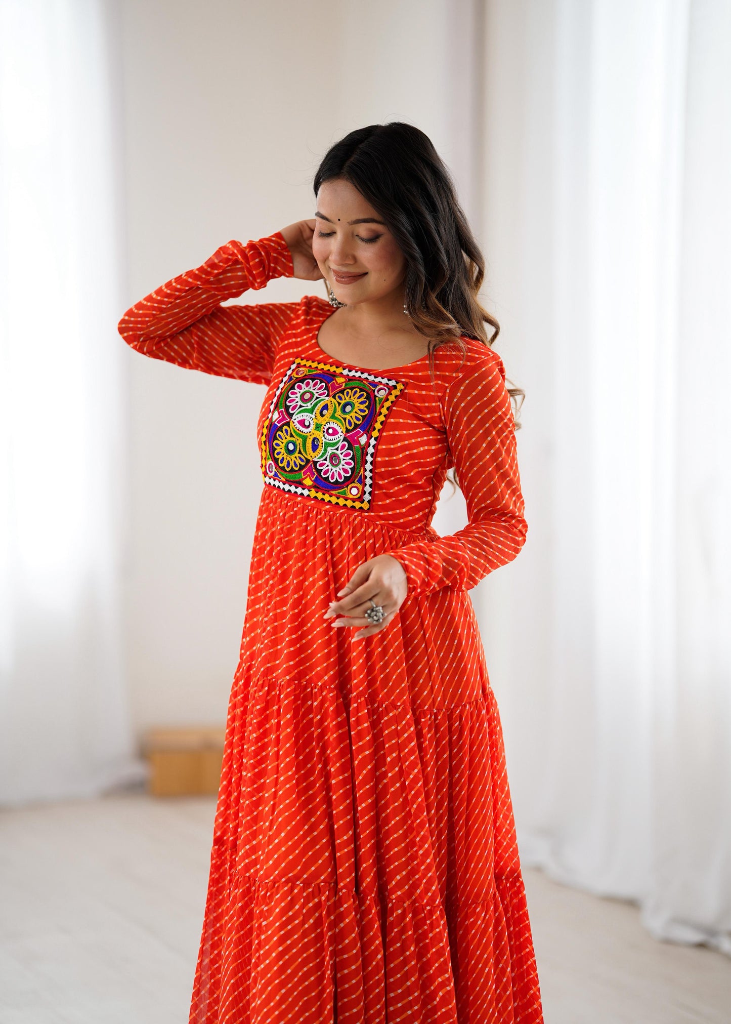 Orange Heavy Pure Soft Fox Georgette with Laheriya Printed Gown