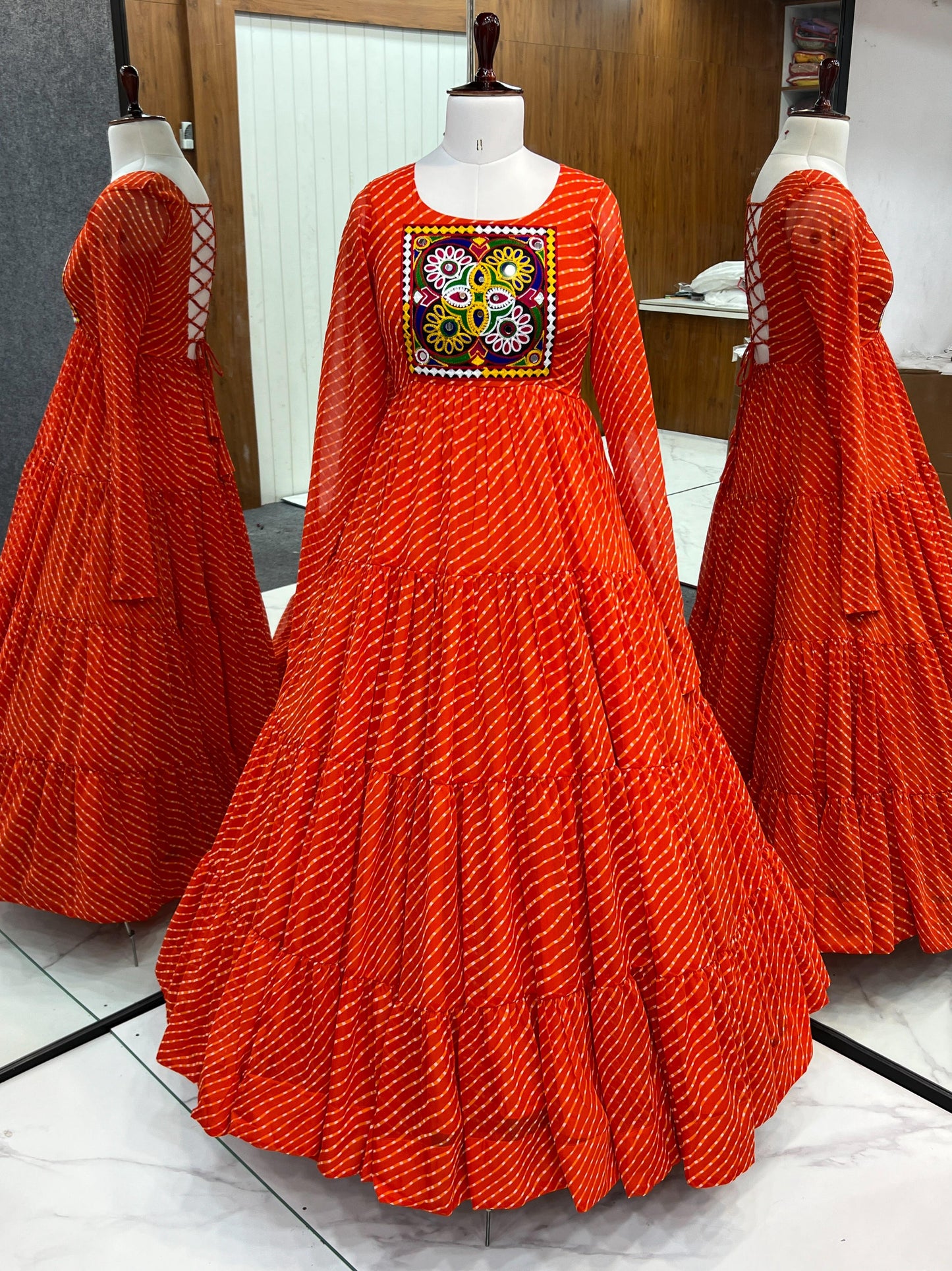 Orange Heavy Pure Soft Fox Georgette with Laheriya Printed Gown