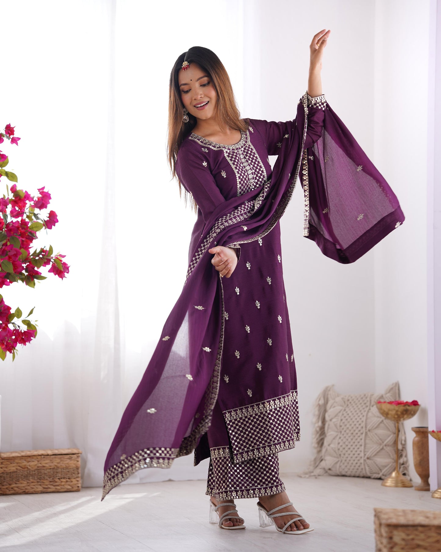 Wine Whisper β Elegant Embroidered Chinon Silk Straight Kurta Set with Dupatta
