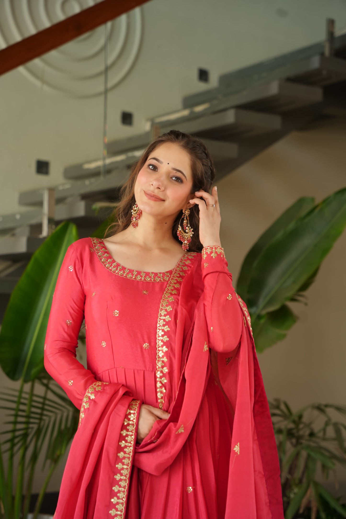Peach Color Chinnon with Sequins Embroidered Gown With Dupatta