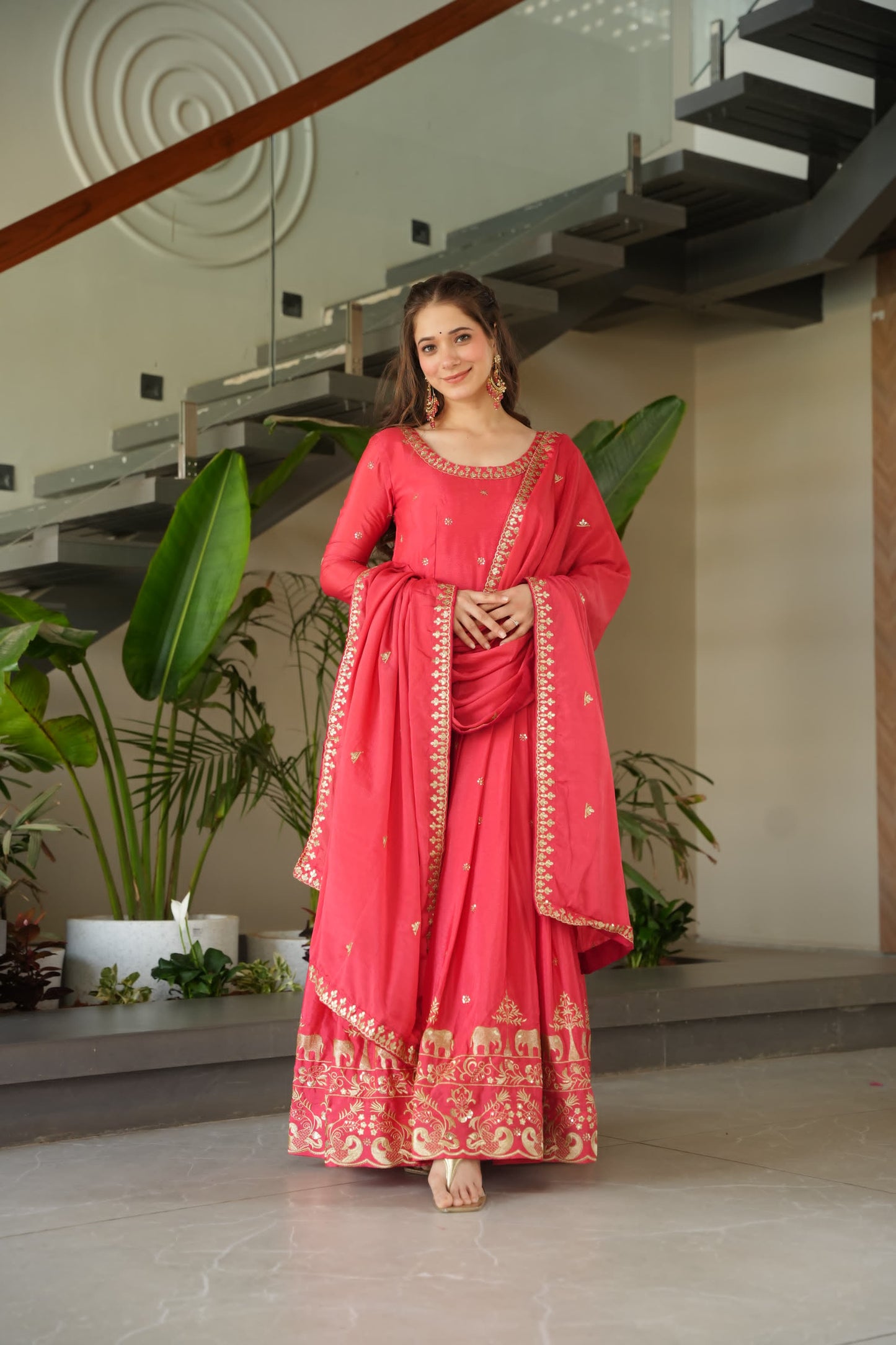 Peach Color Chinnon with Sequins Embroidered Gown With Dupatta