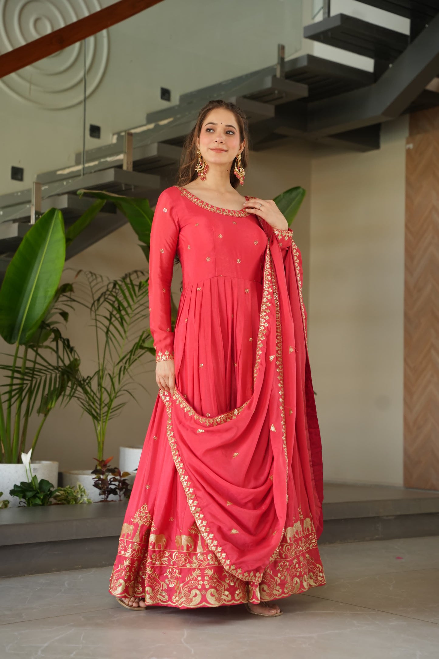 Peach Color Chinnon with Sequins Embroidered Gown With Dupatta