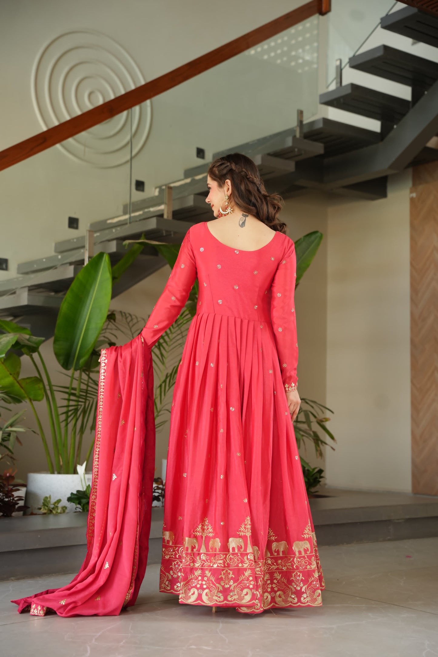 Peach Color Chinnon with Sequins Embroidered Gown With Dupatta