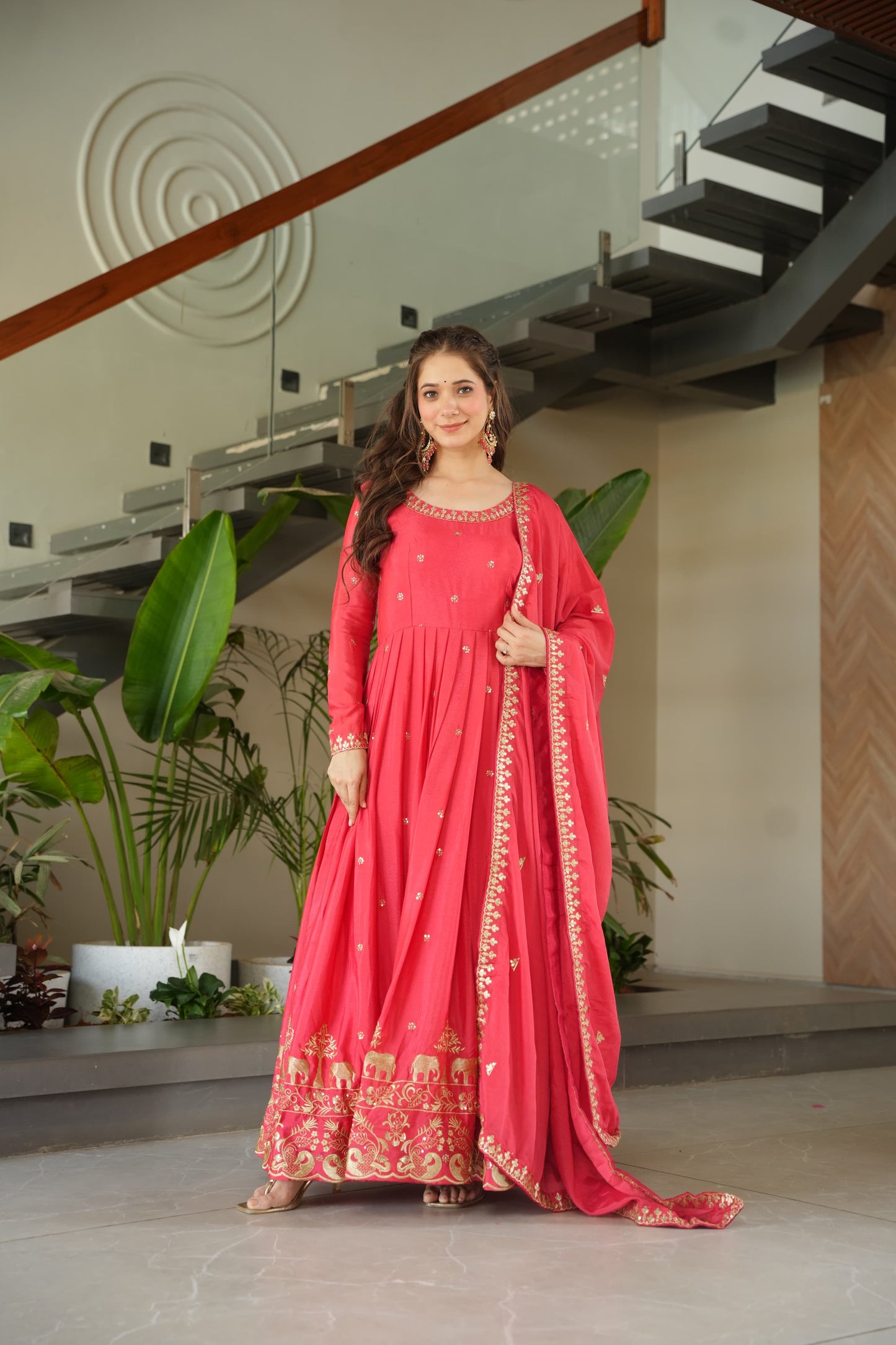 Peach Color Chinnon with Sequins Embroidered Gown With Dupatta