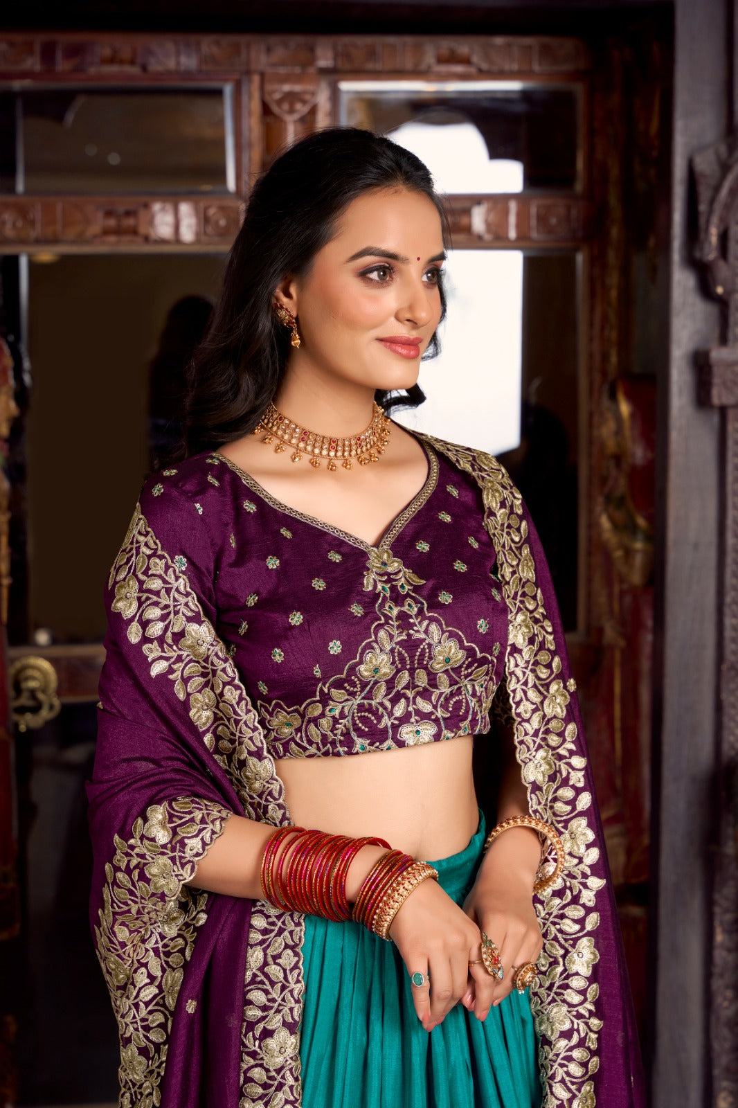 Firozi color Tasar Silk Printed with Foil Work Lehenga