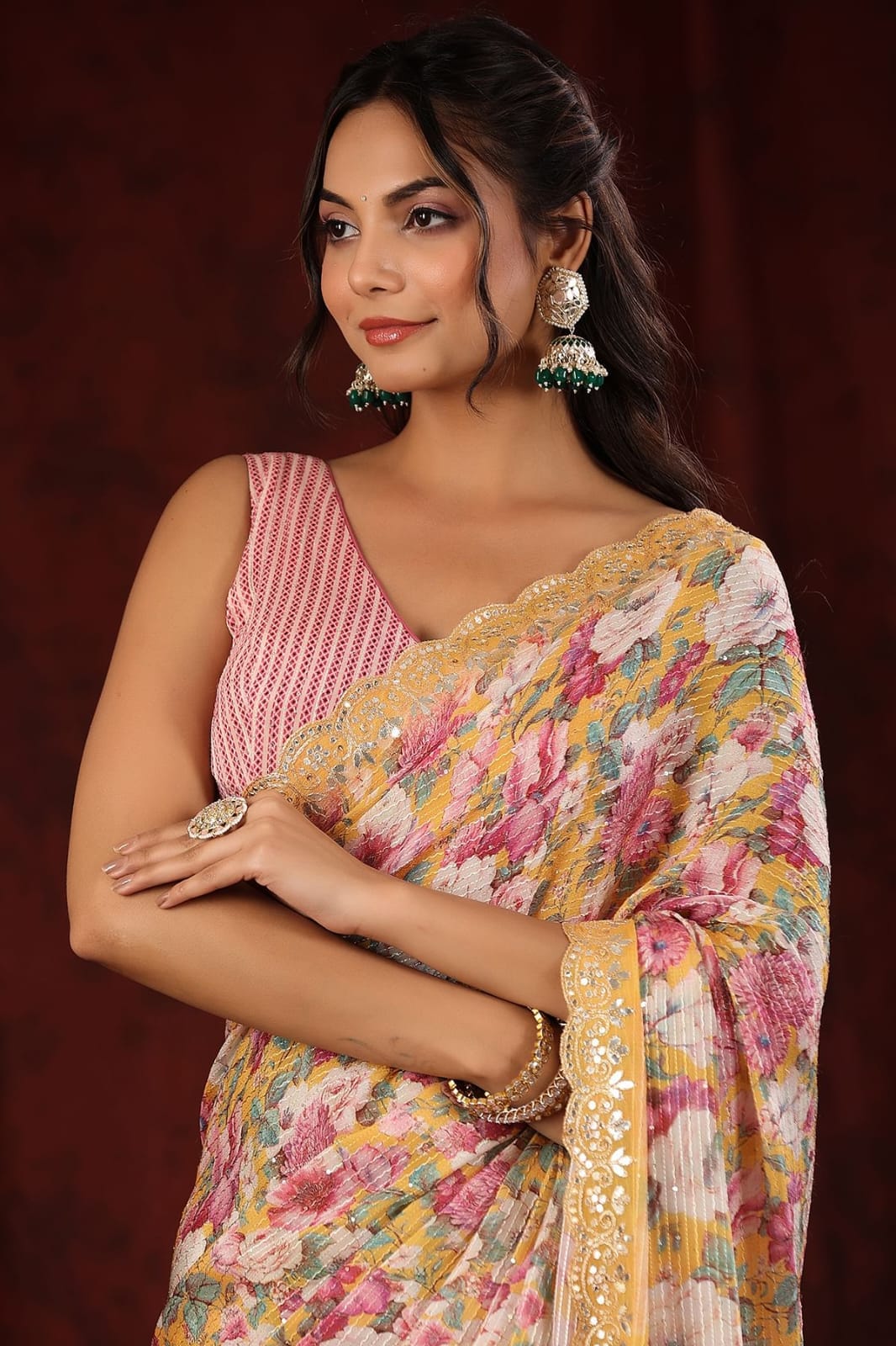 DARK PINK VICHITRA SILK CRO- CHAT WITH DIGITAL PRINT SAREE