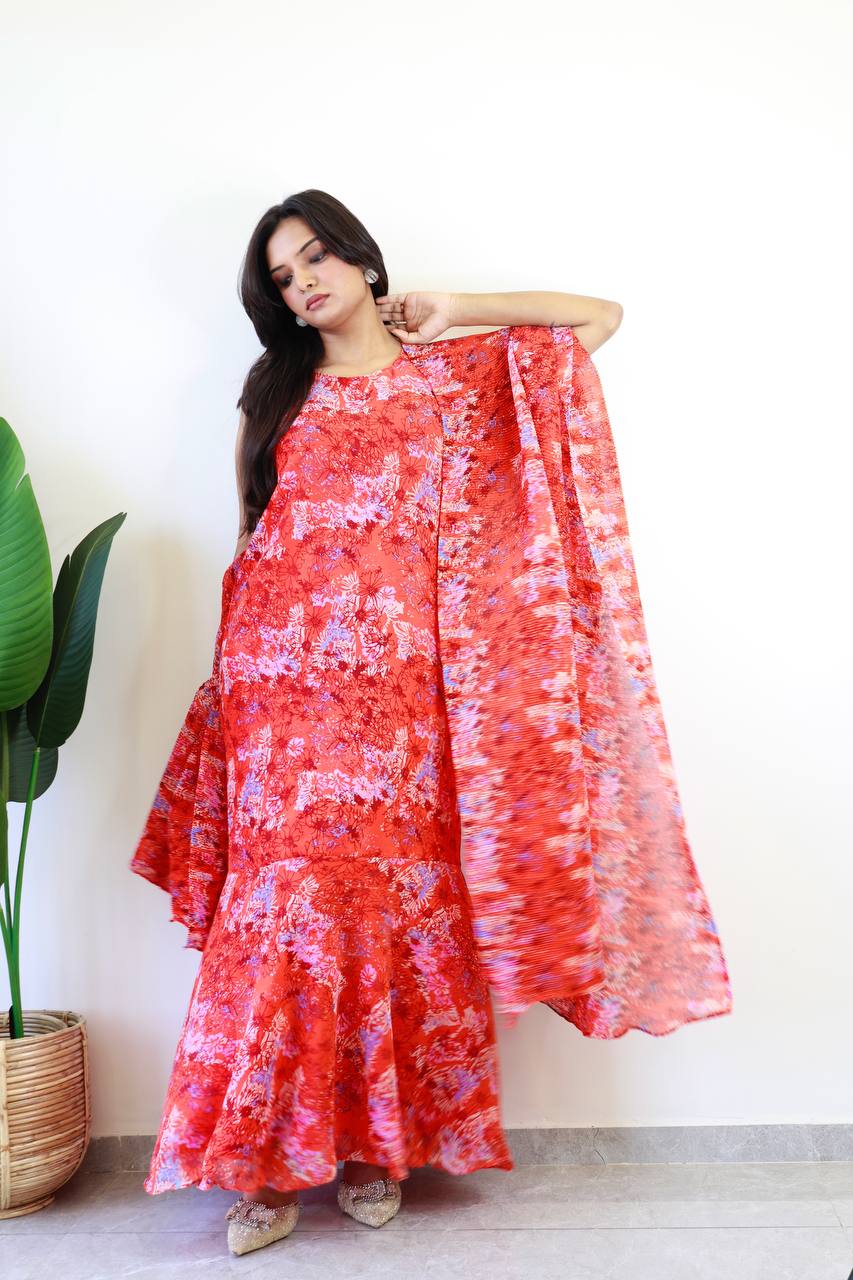 RED REGAL READY TO WEAR GOWN SAREE