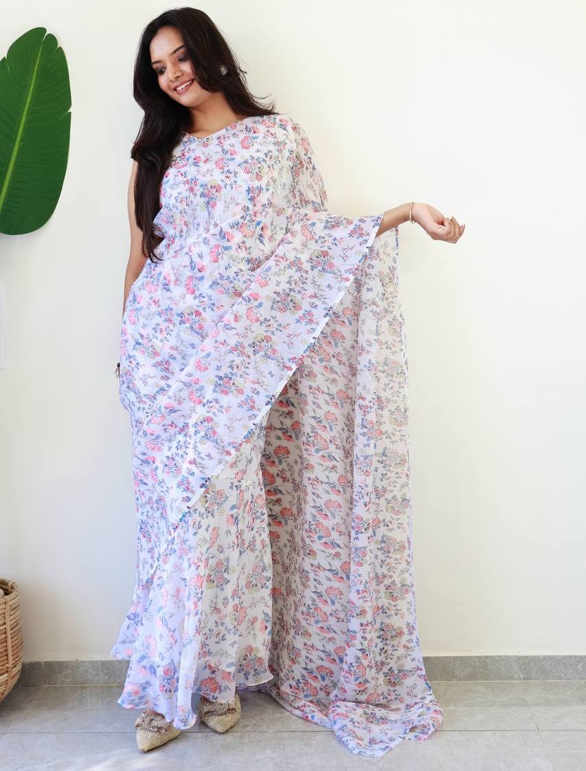 WHITE READY TO WEAR GOWN SAREE