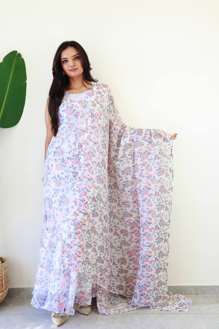 WHITE READY TO WEAR GOWN SAREE