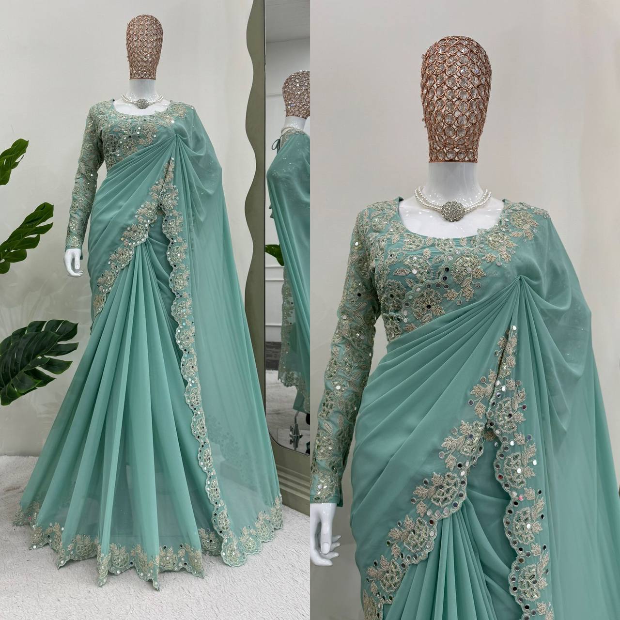 Pista Color Faux Georgette With Real Mirror Work Saree