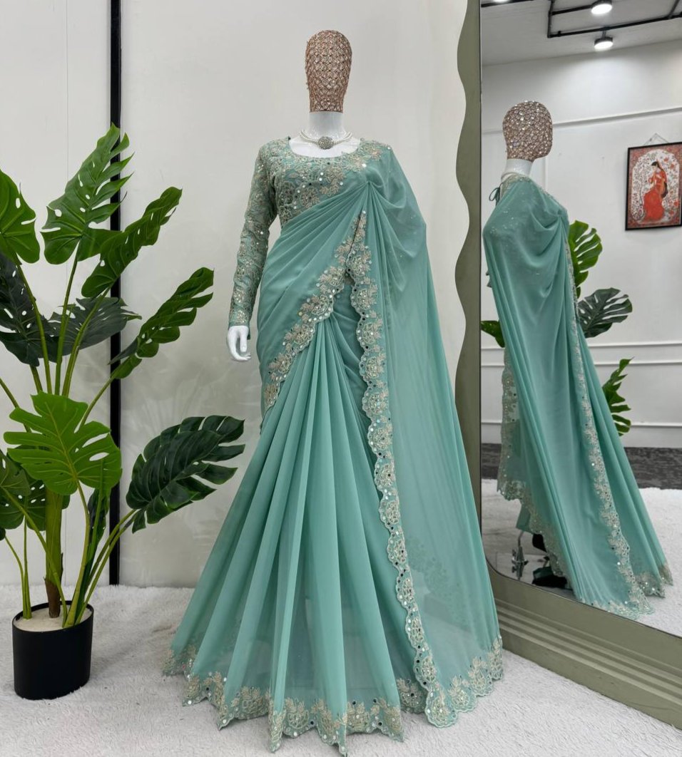Pista Color Faux Georgette With Real Mirror Work Saree